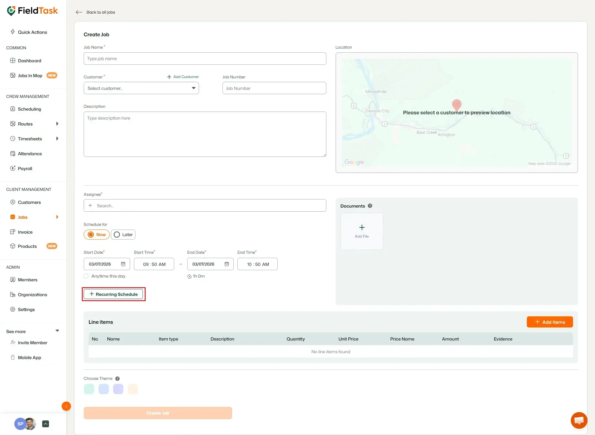 FieldTask create job page with Recurring Schedule highlighted