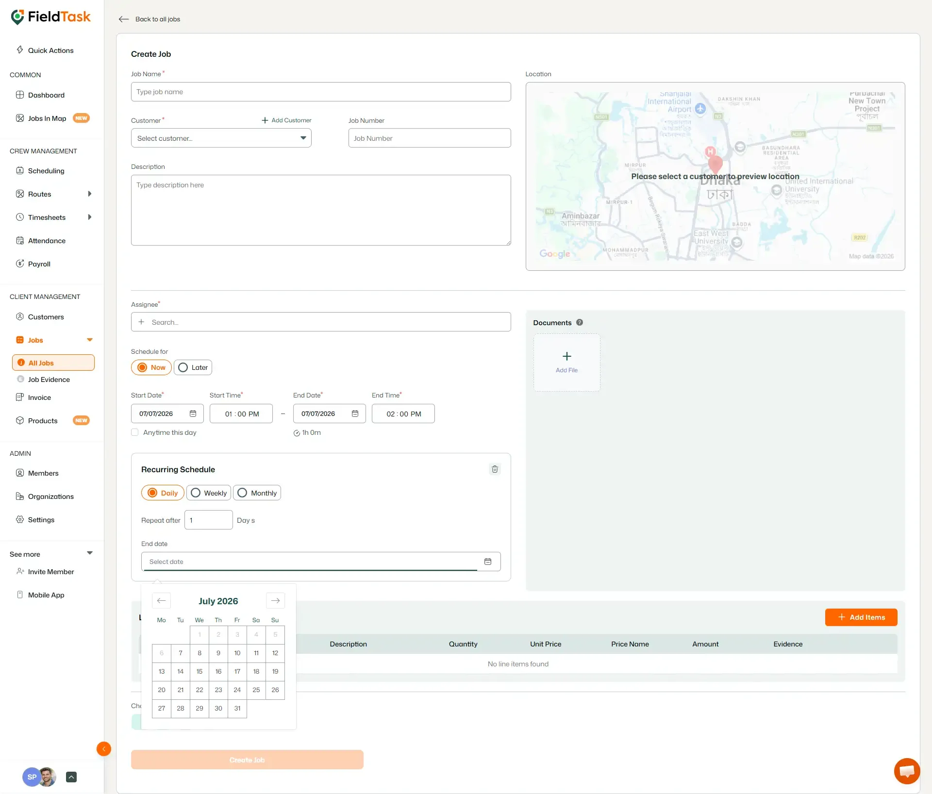 FieldTask recurring schedule form with end date picker