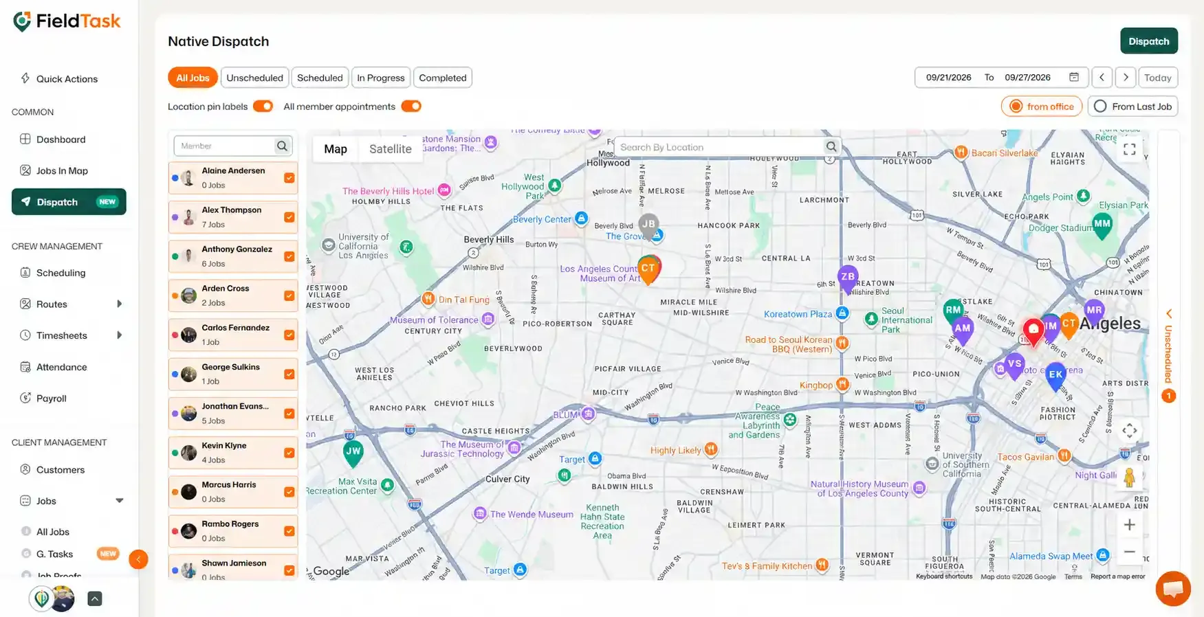 Dispatch map with Dispatch tab and button highlighted