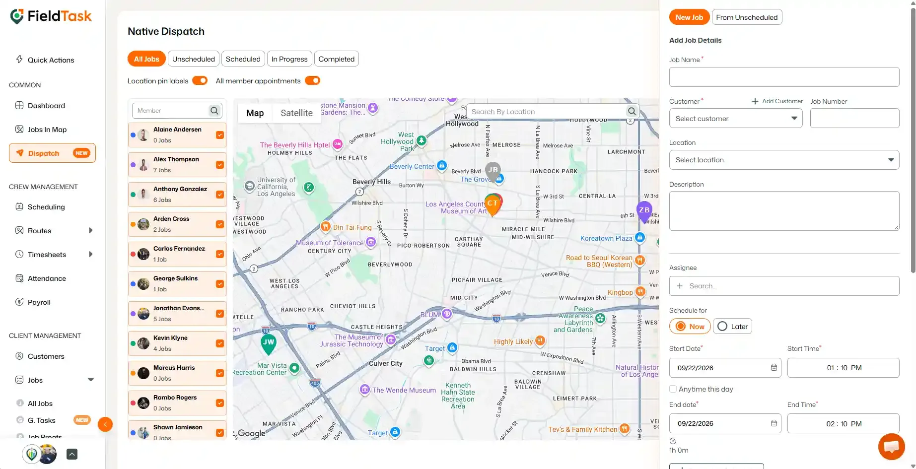 Dispatch map with new job form open on the right