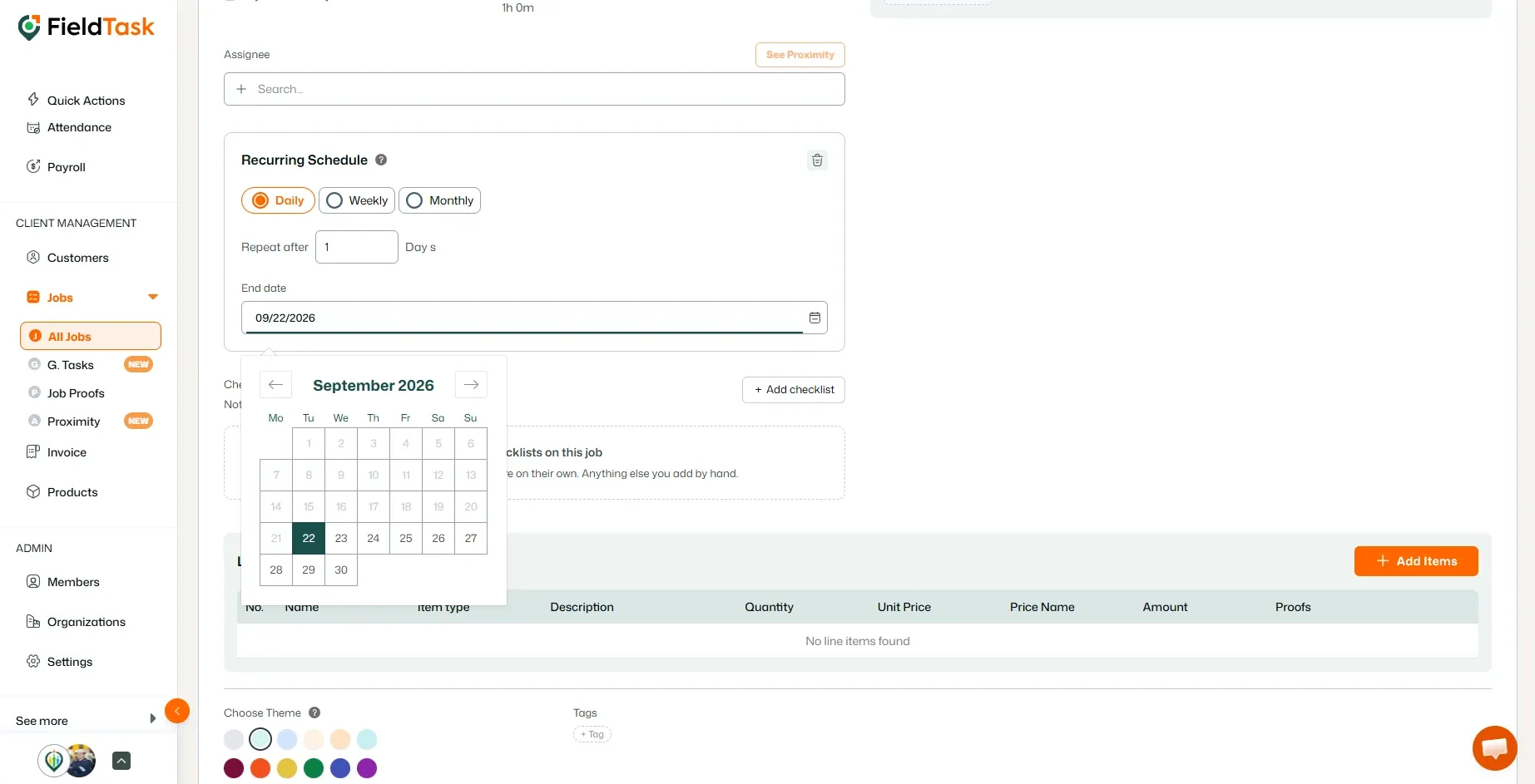 Daily recurring schedule with end date calendar open