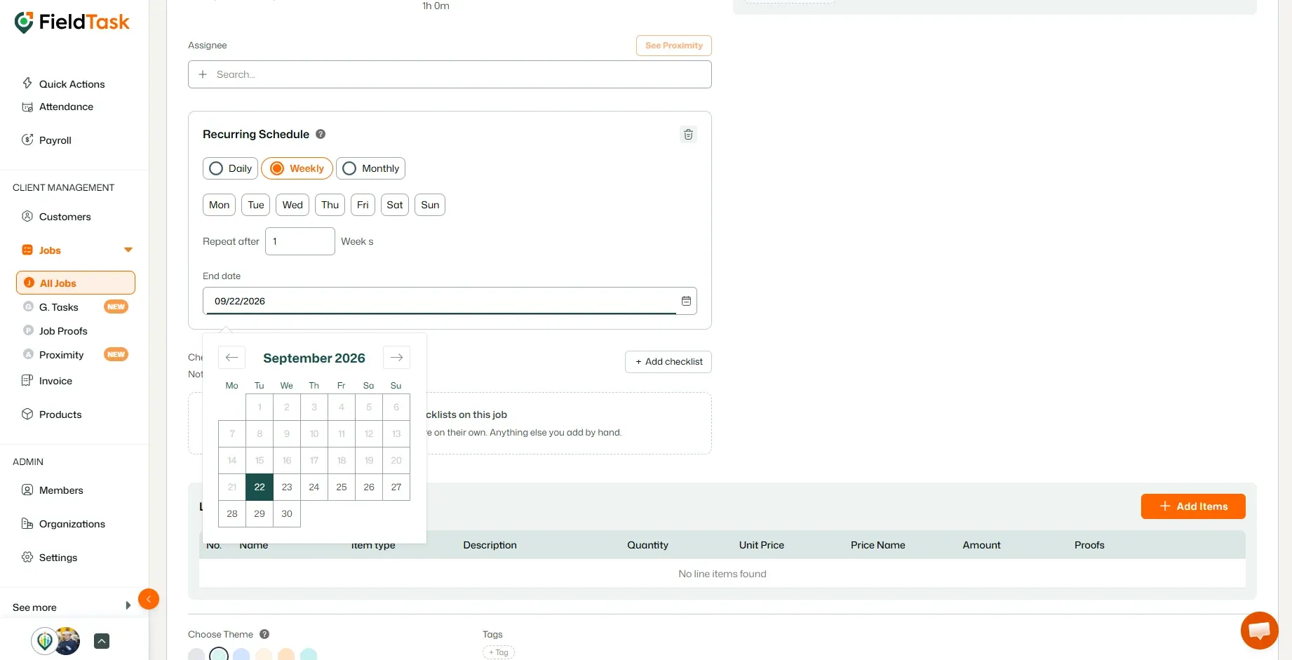 Weekly recurring schedule with weekday and end date options