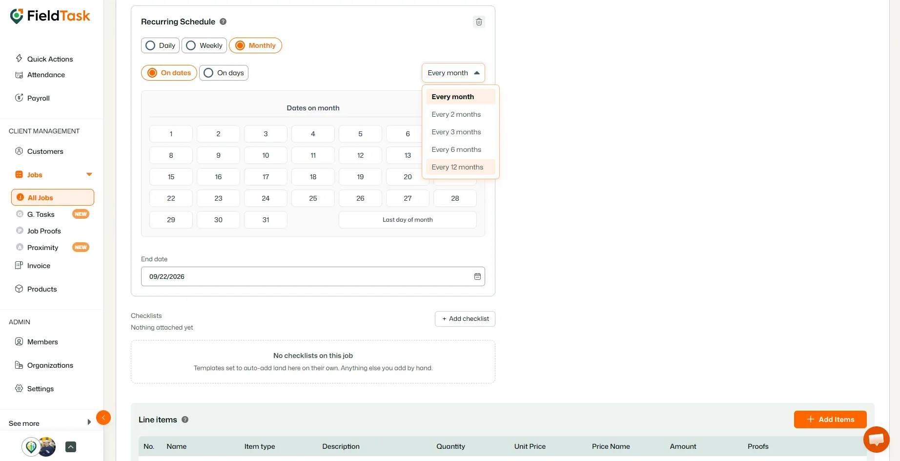 Monthly recurring schedule with recurrence dropdown open
