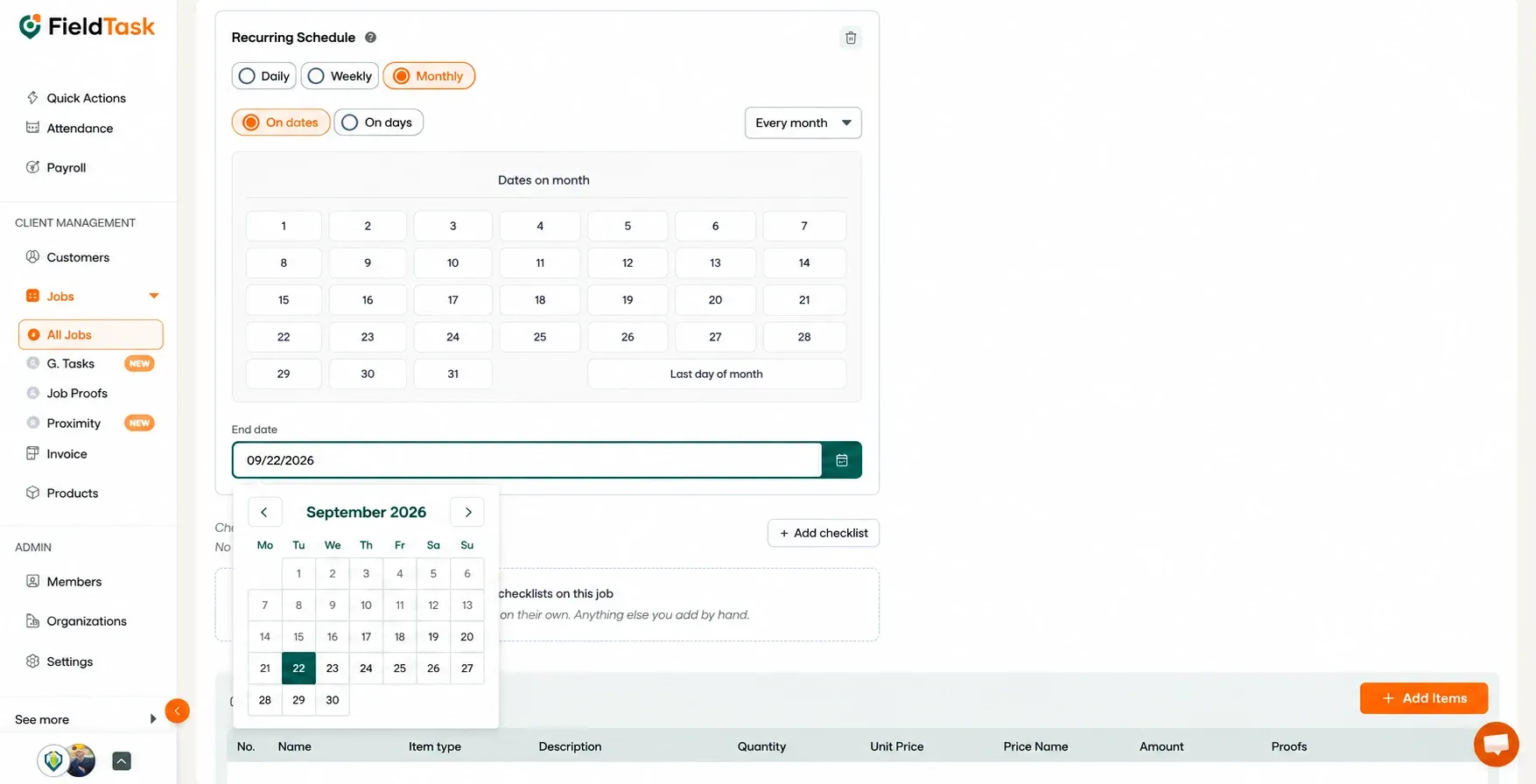Monthly recurring schedule with end date calendar open