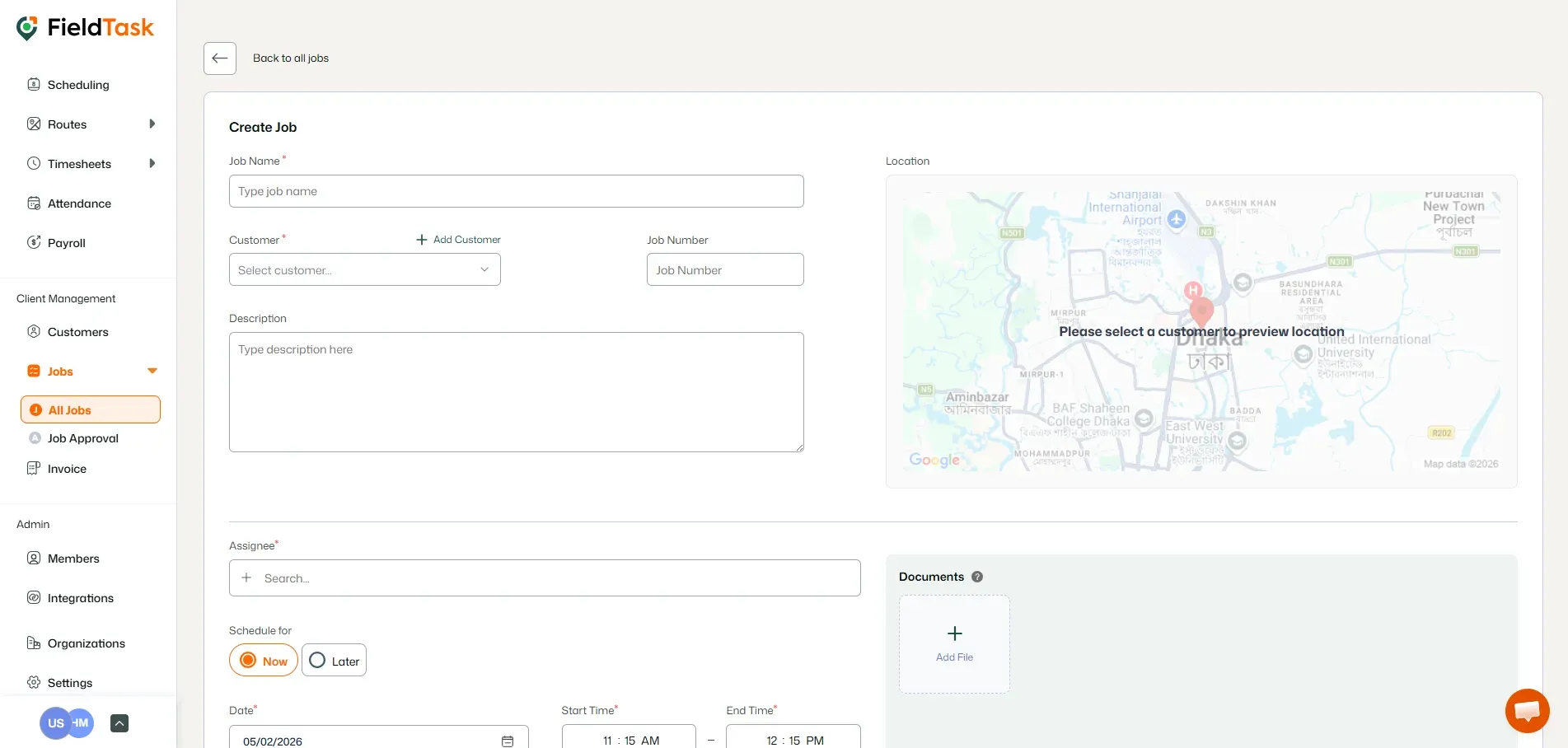 FieldTask Job Creation Page