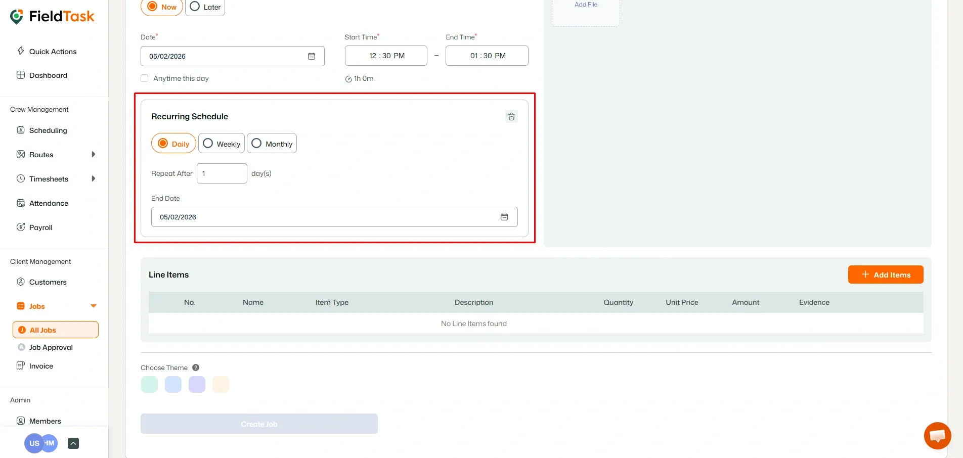 FieldTask Recurring Job Creation Section