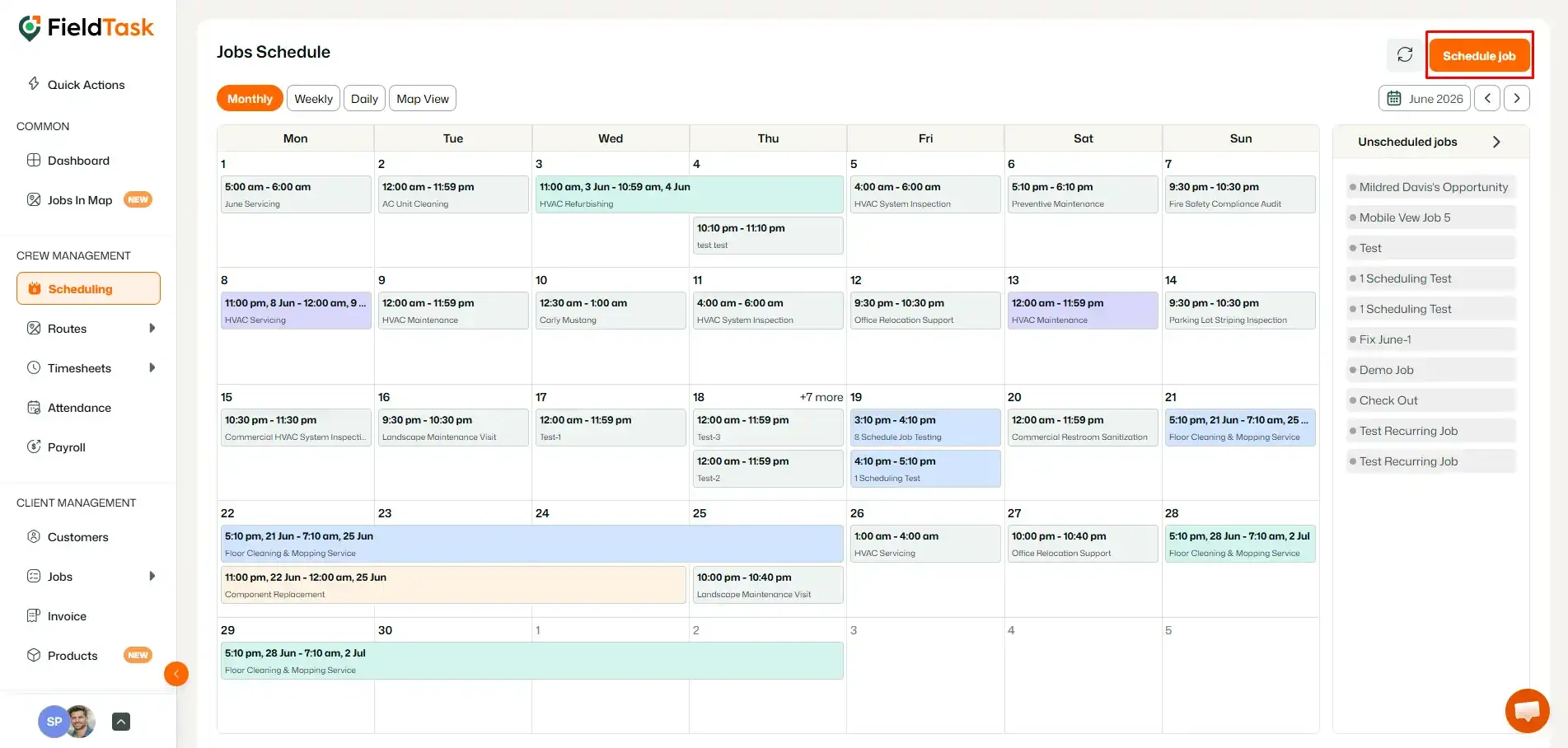 FieldTask job schedule calendar with Schedule Job highlighted