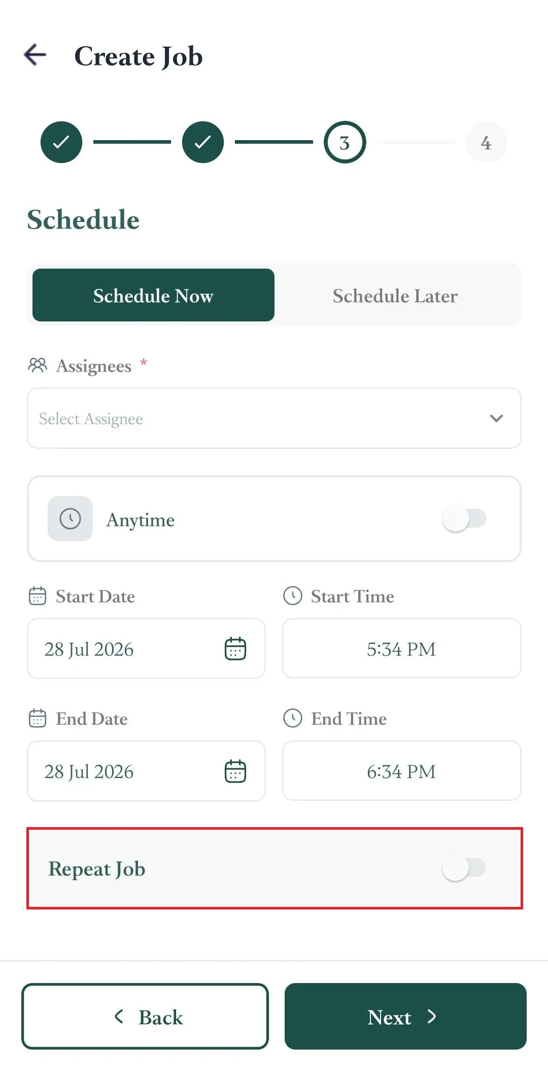 FieldTask Mobile App scheduling with Repeat Job off