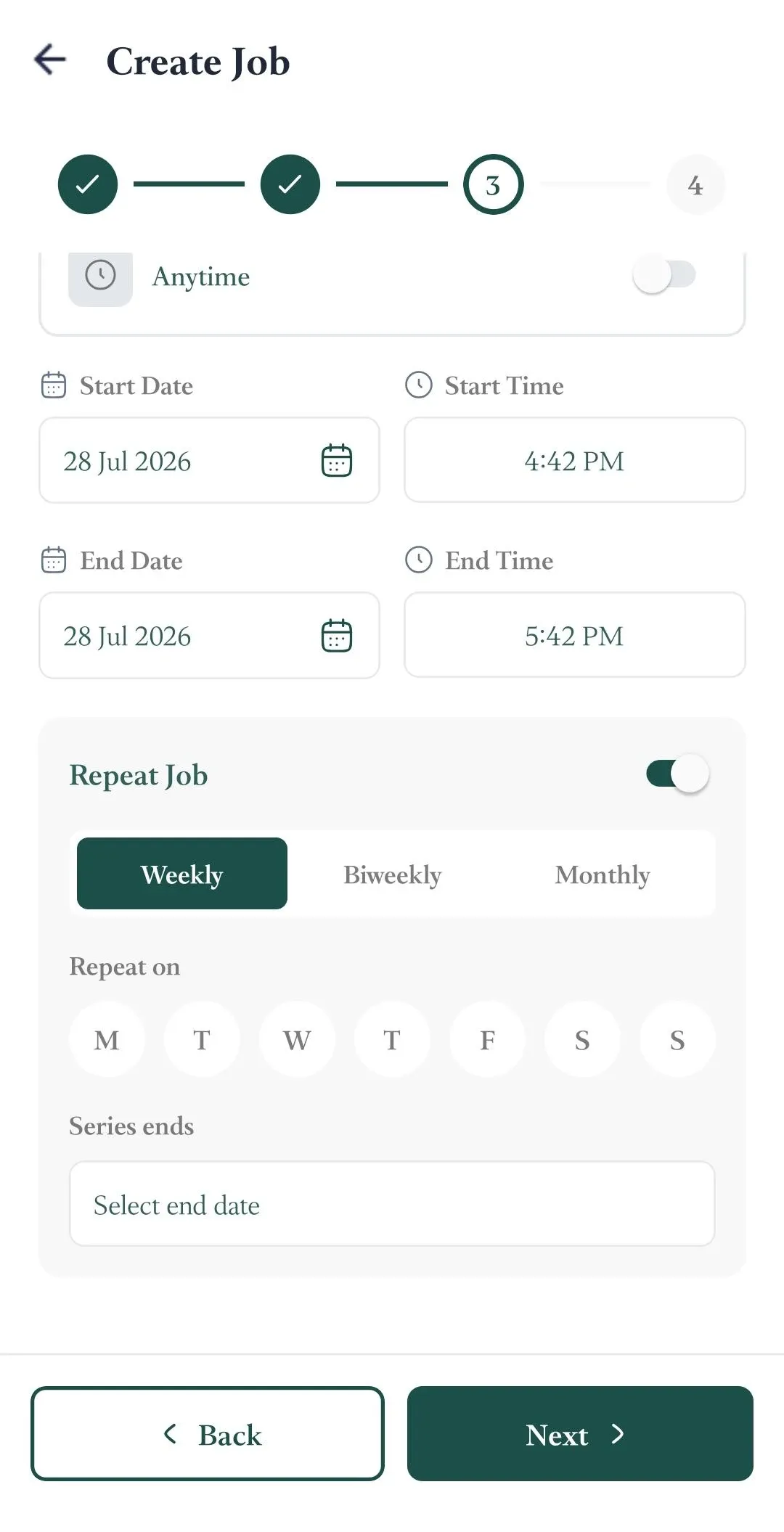 FieldTask Mobile App weekly repeat job settings open