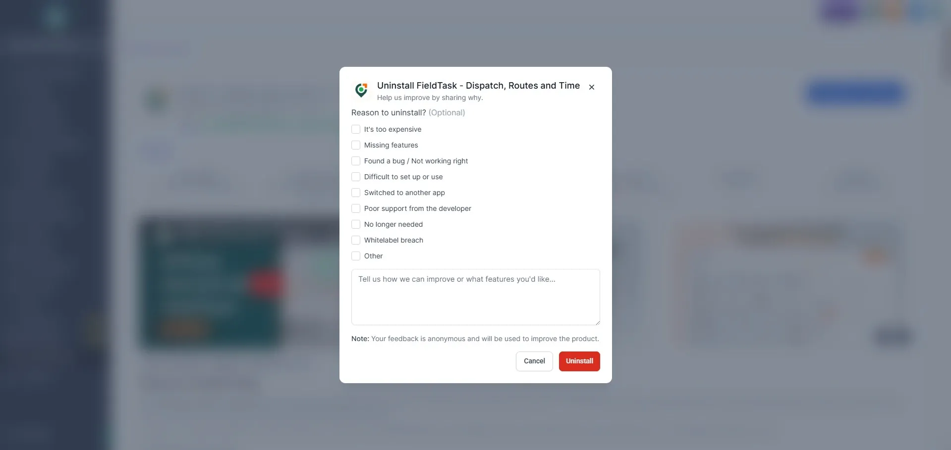 GoHighLevel modal for uninstalling FieldTask, showing optional reasons such as pricing, missing features, bugs, setup difficulty, support, or no longer needed, with a feedback text box plus Cancel and red Uninstall buttons over a blurred background.