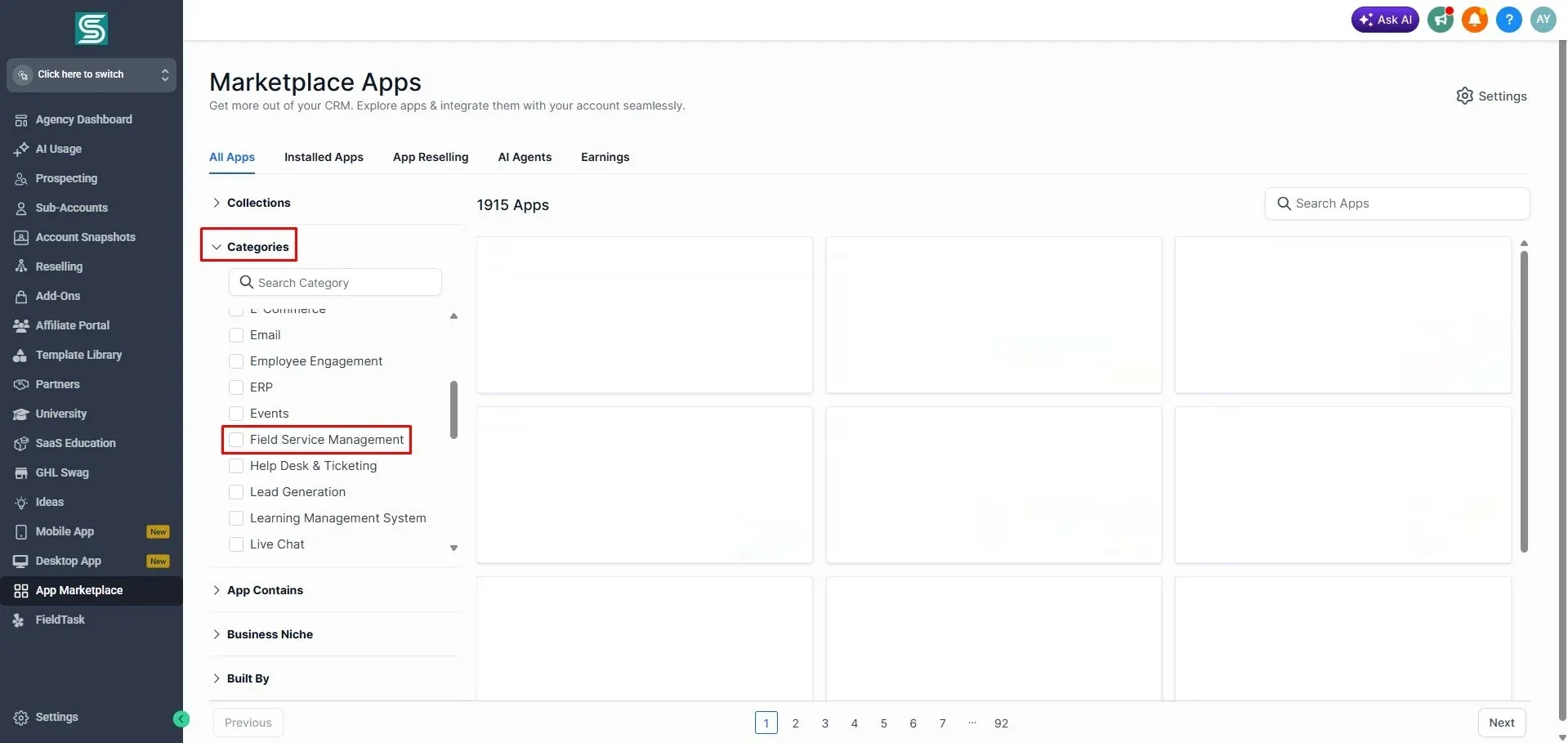 GoHighLevel Marketplace Apps page with All Apps open and App Marketplace selected in the sidebar. The Categories section is expanded, and red boxes highlight Categories and the Field Service Management checkbox for filtering apps during removal.