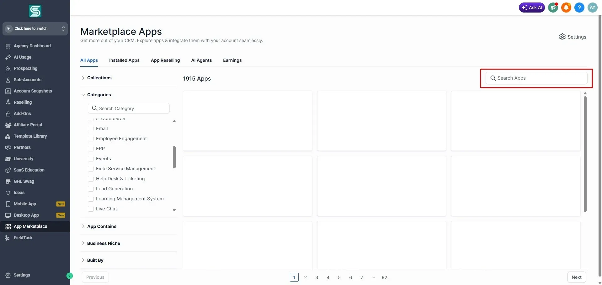 GoHighLevel Marketplace Apps page with App Marketplace selected in the sidebar and category filters visible on the left. A red box highlights the Search Apps field on the right, showing where users can search for FieldTask during app removal.