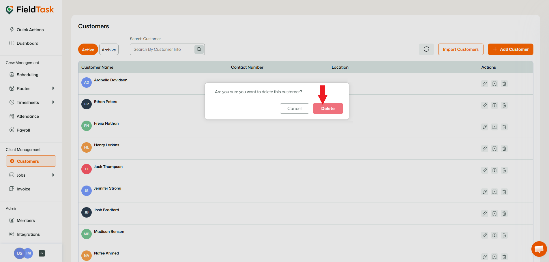 FieldTask Customer Delete Option
