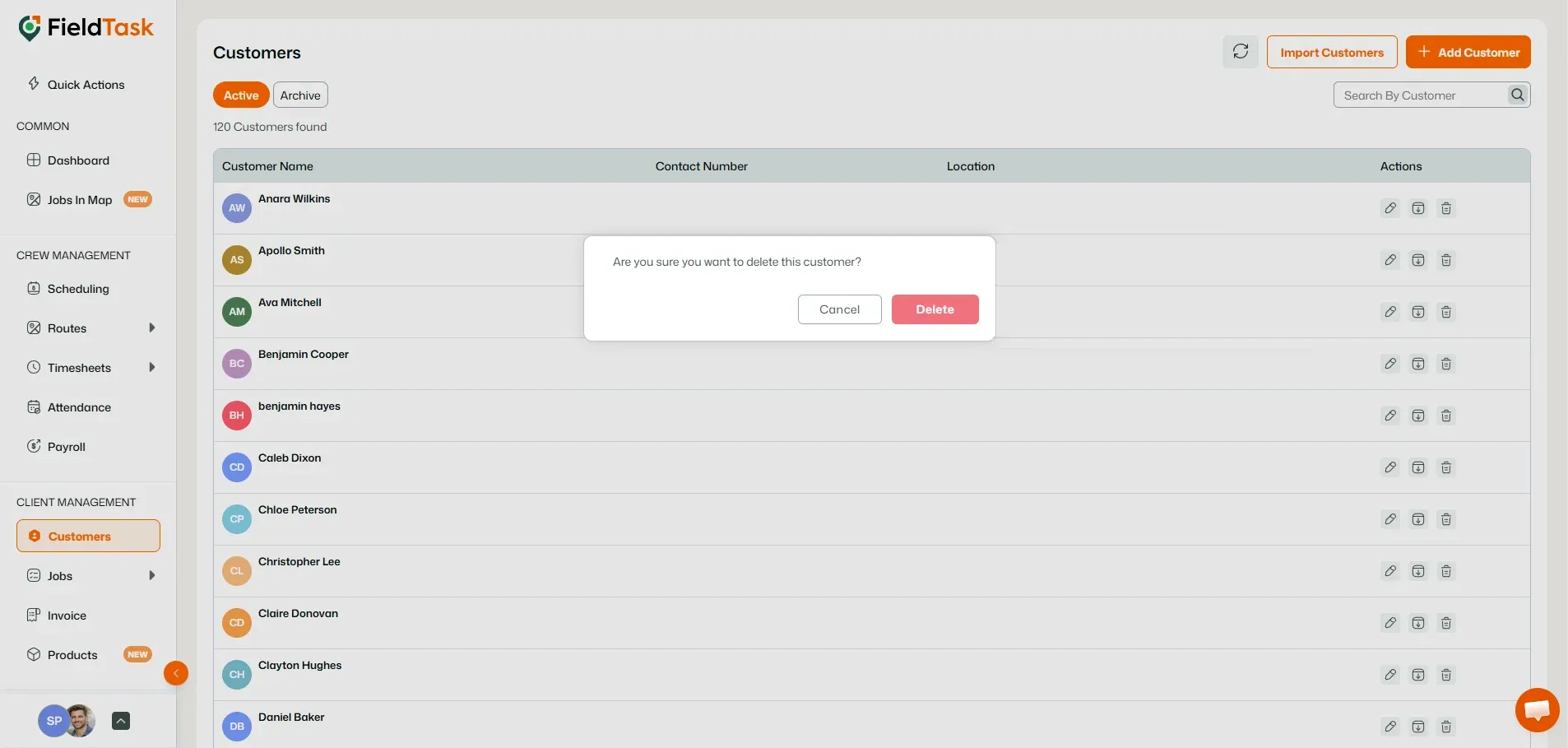 FieldTask customer delete confirmation modal displayed