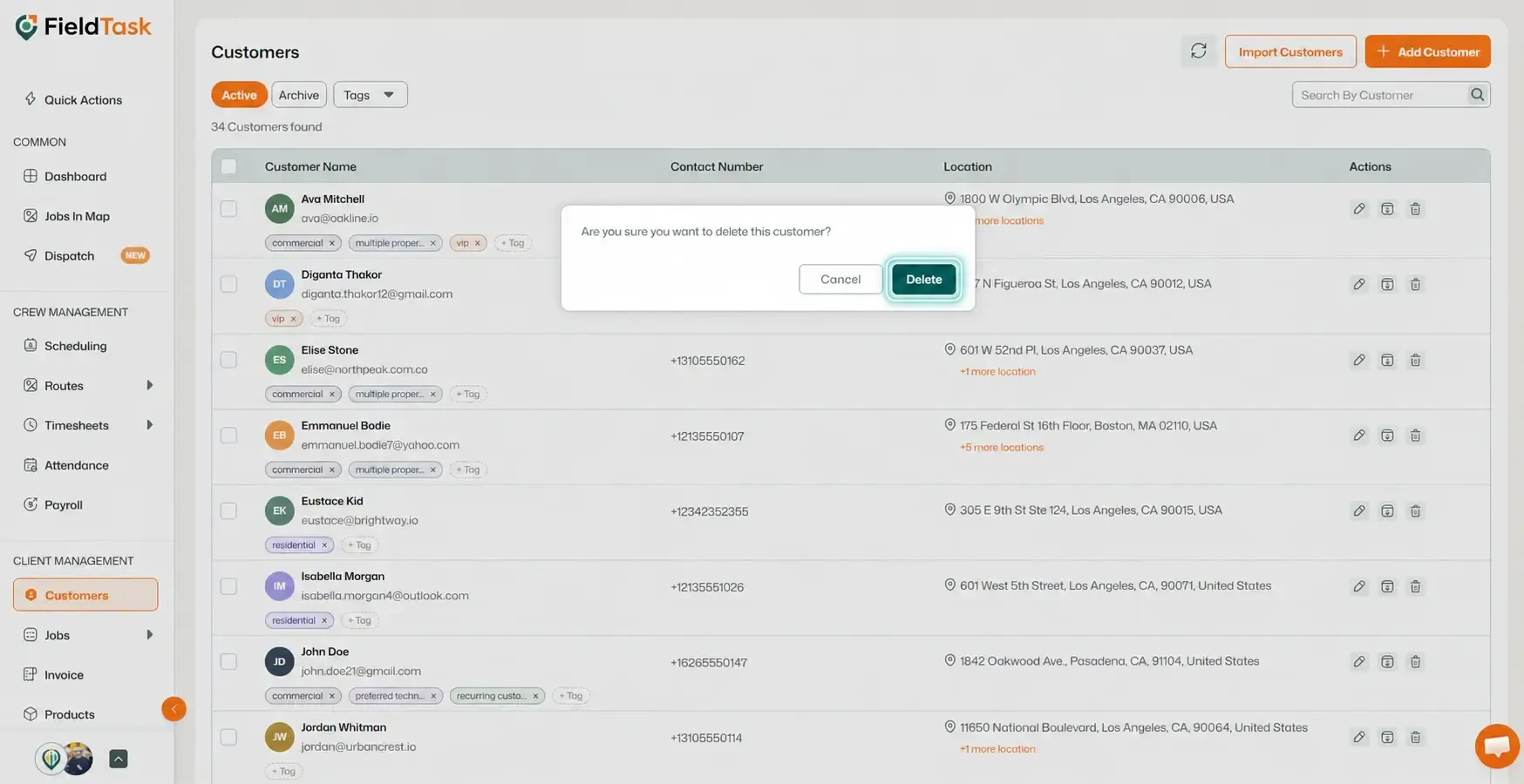 Customer deletion dialog with Delete button highlighted