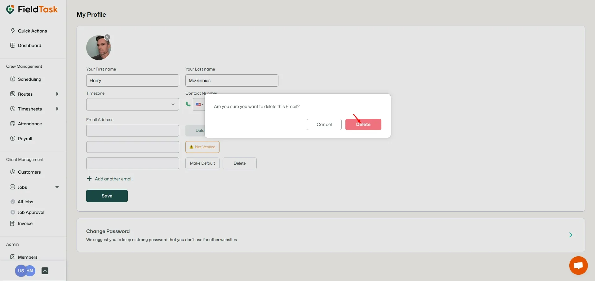 FieldTask Email Delete Option on Profile Page