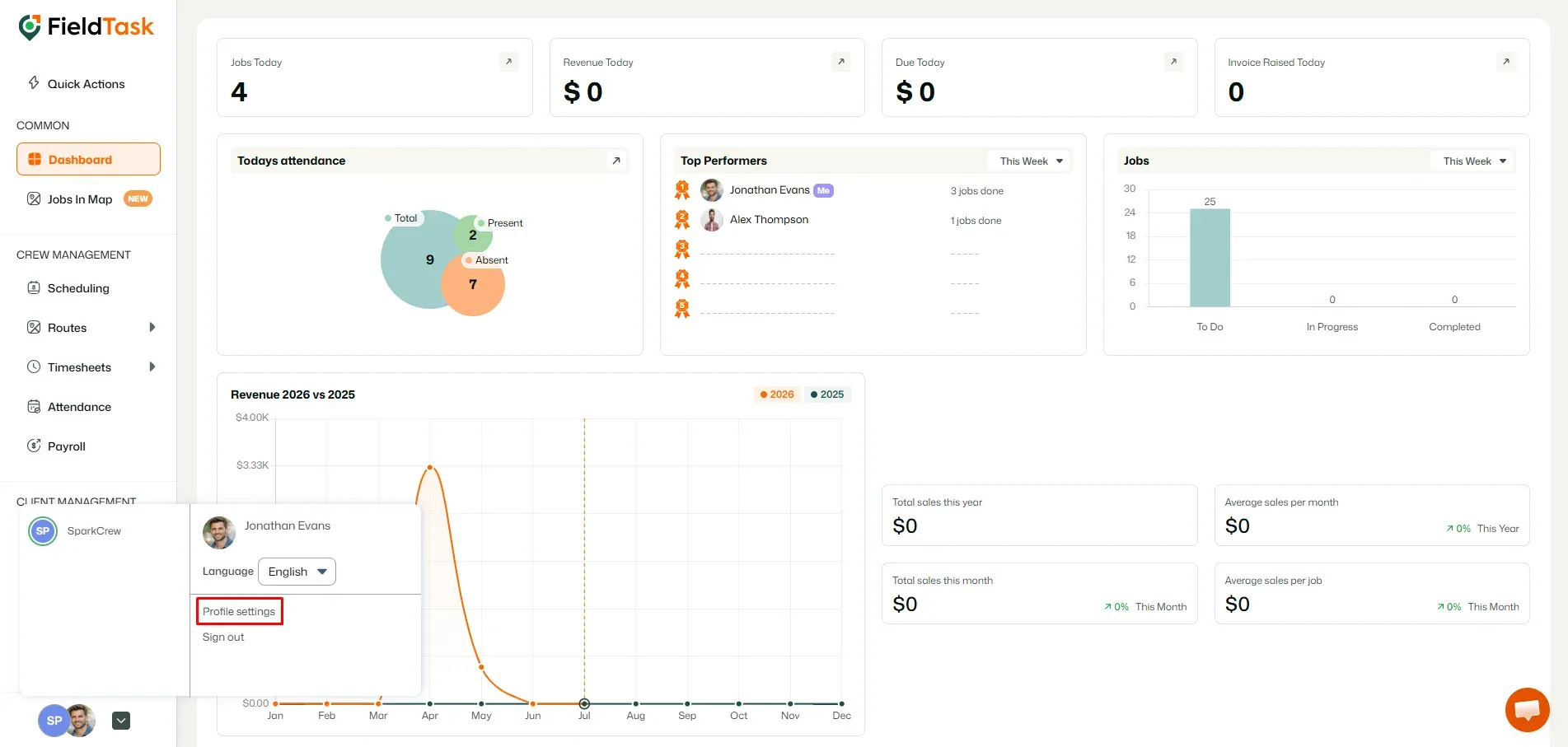 FieldTask dashboard profile menu with Profile settings highlighted