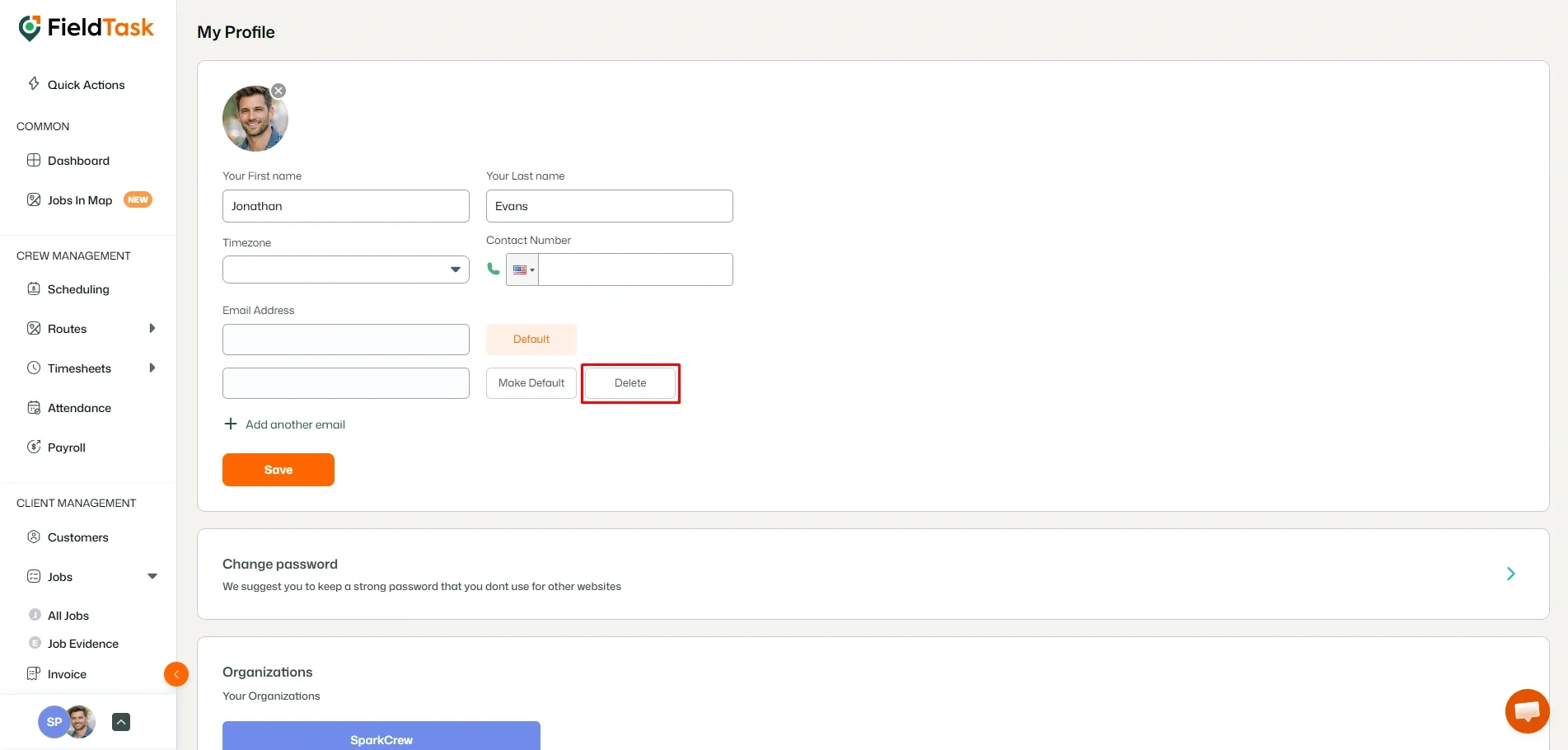 FieldTask profile settings page with secondary email Delete button highlighted