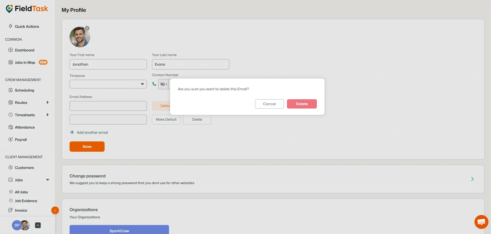 FieldTask profile email delete confirmation modal displayed