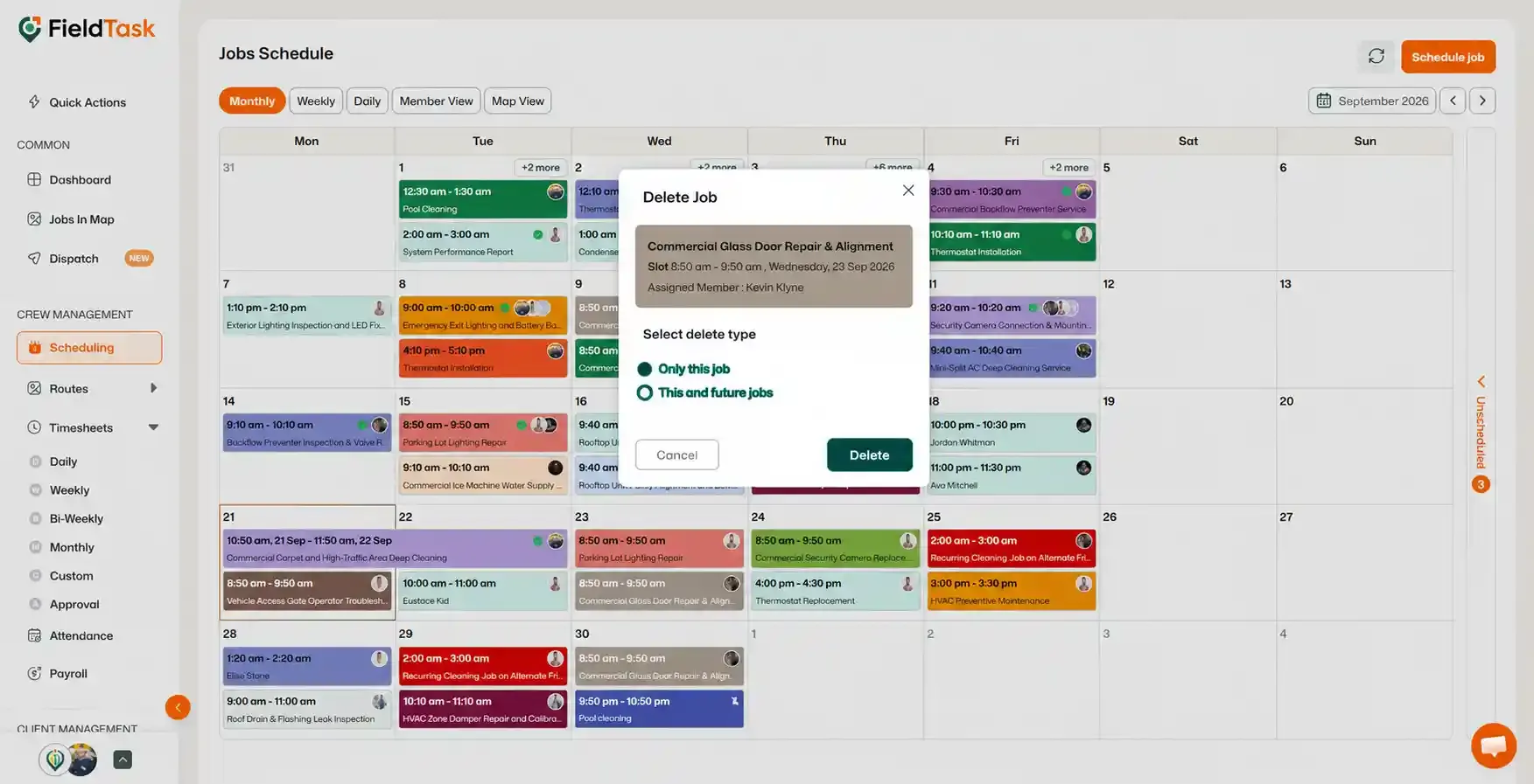 Delete Job dialog with options for deleting one or future jobs.