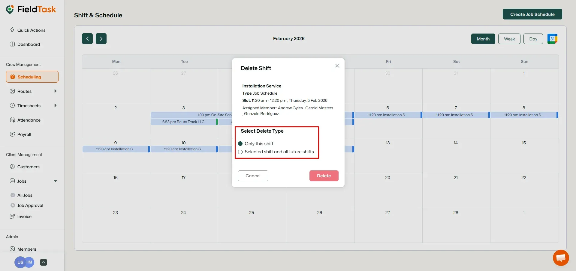 FieldTask Scheduling Calendar