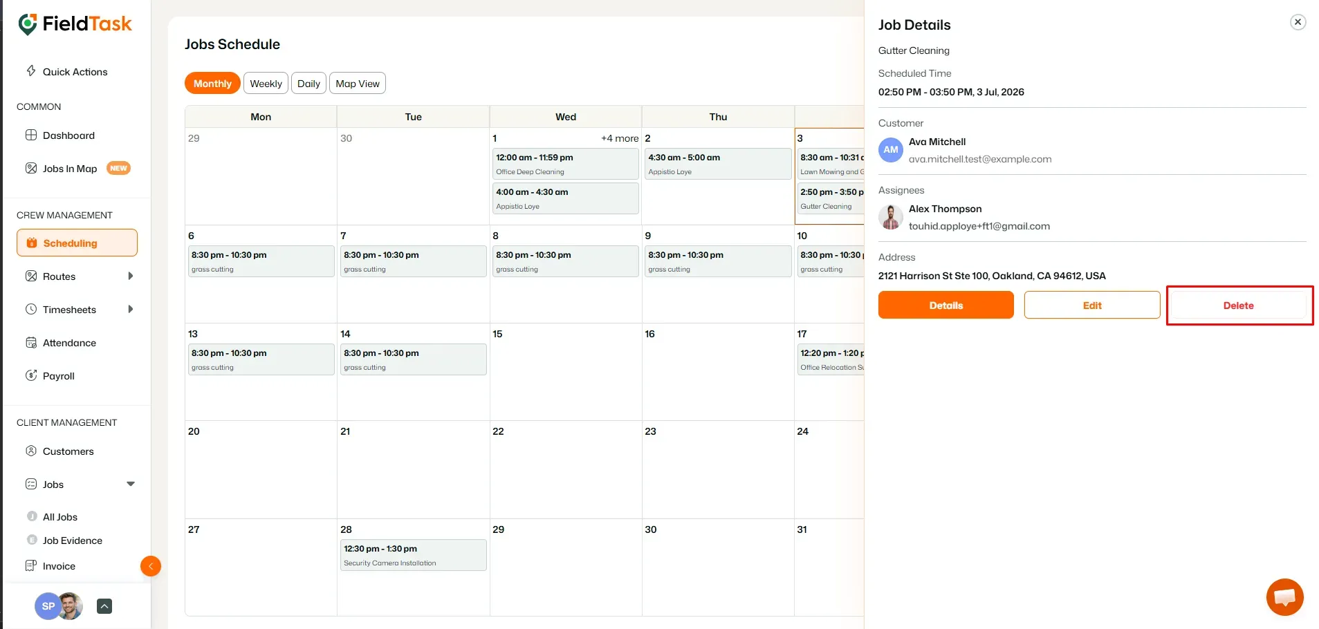 FieldTask job schedule with delete option highlighted