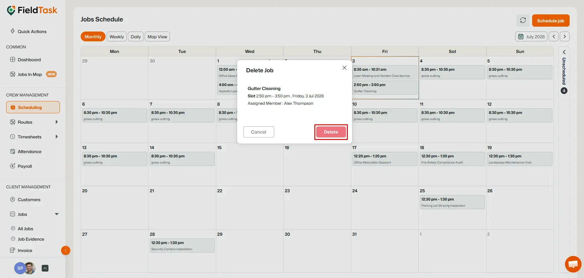 FieldTask delete job confirmation on schedule calendar