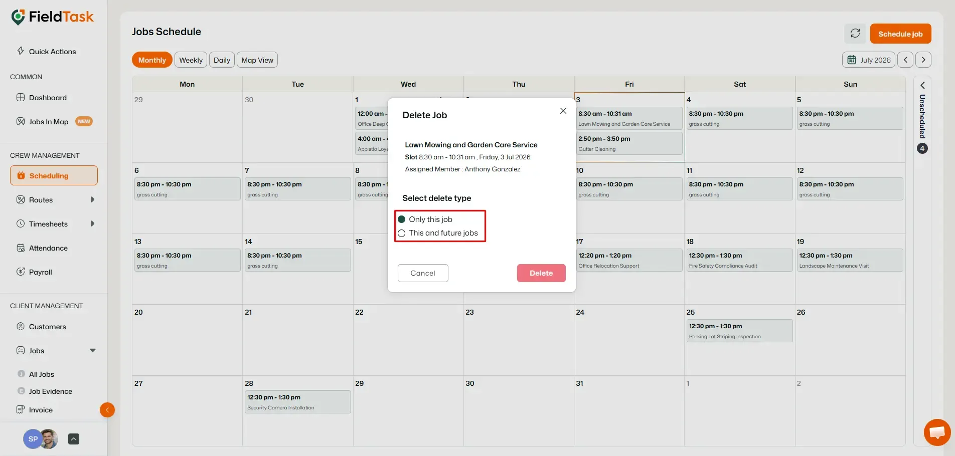 FieldTask recurring job delete type selection modal