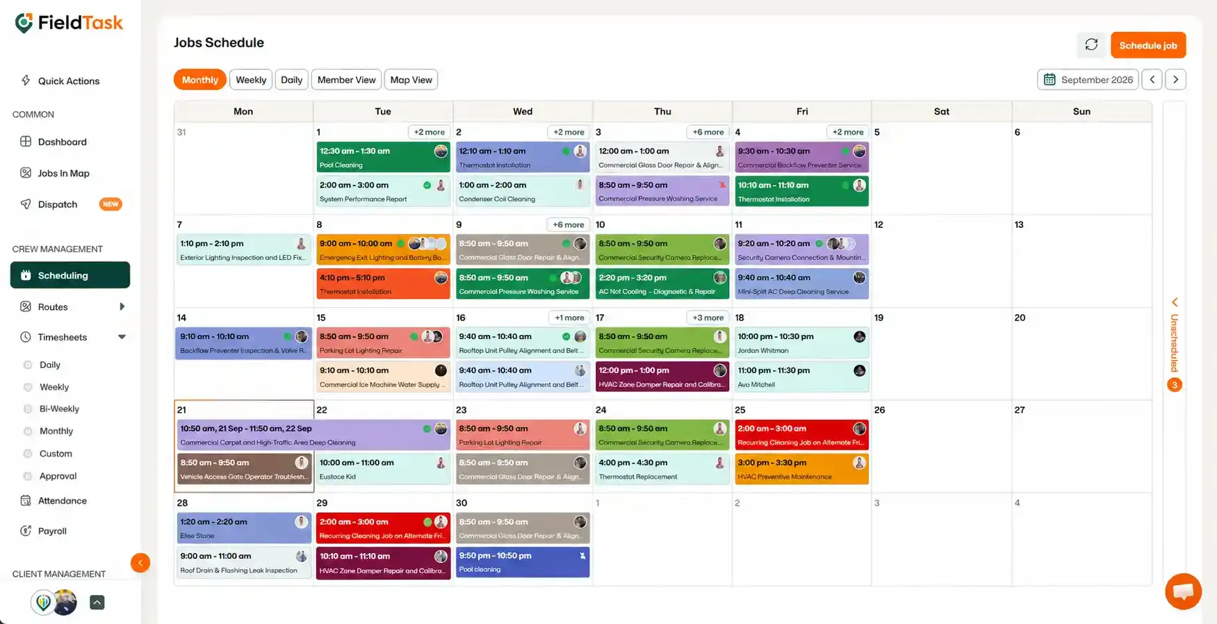 Jobs Schedule monthly calendar with scheduled jobs and sidebar