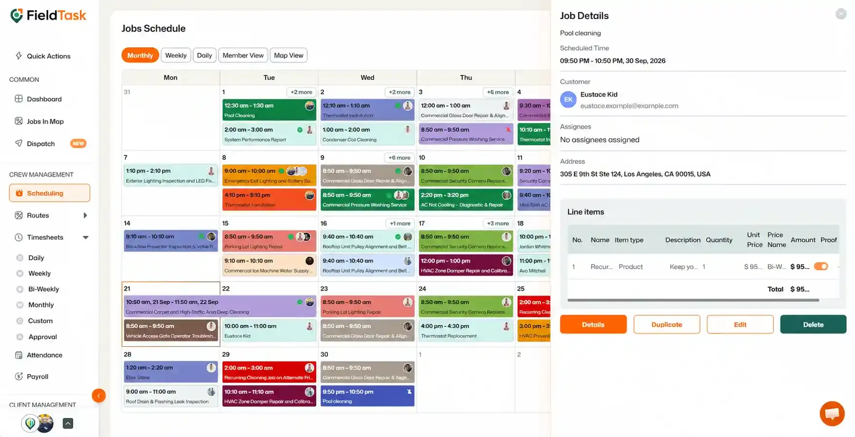 Job details sidebar showing pool cleaning job and Delete button.