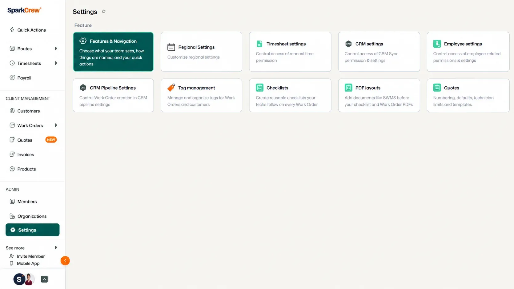 Settings page displaying configurable feature settings cards