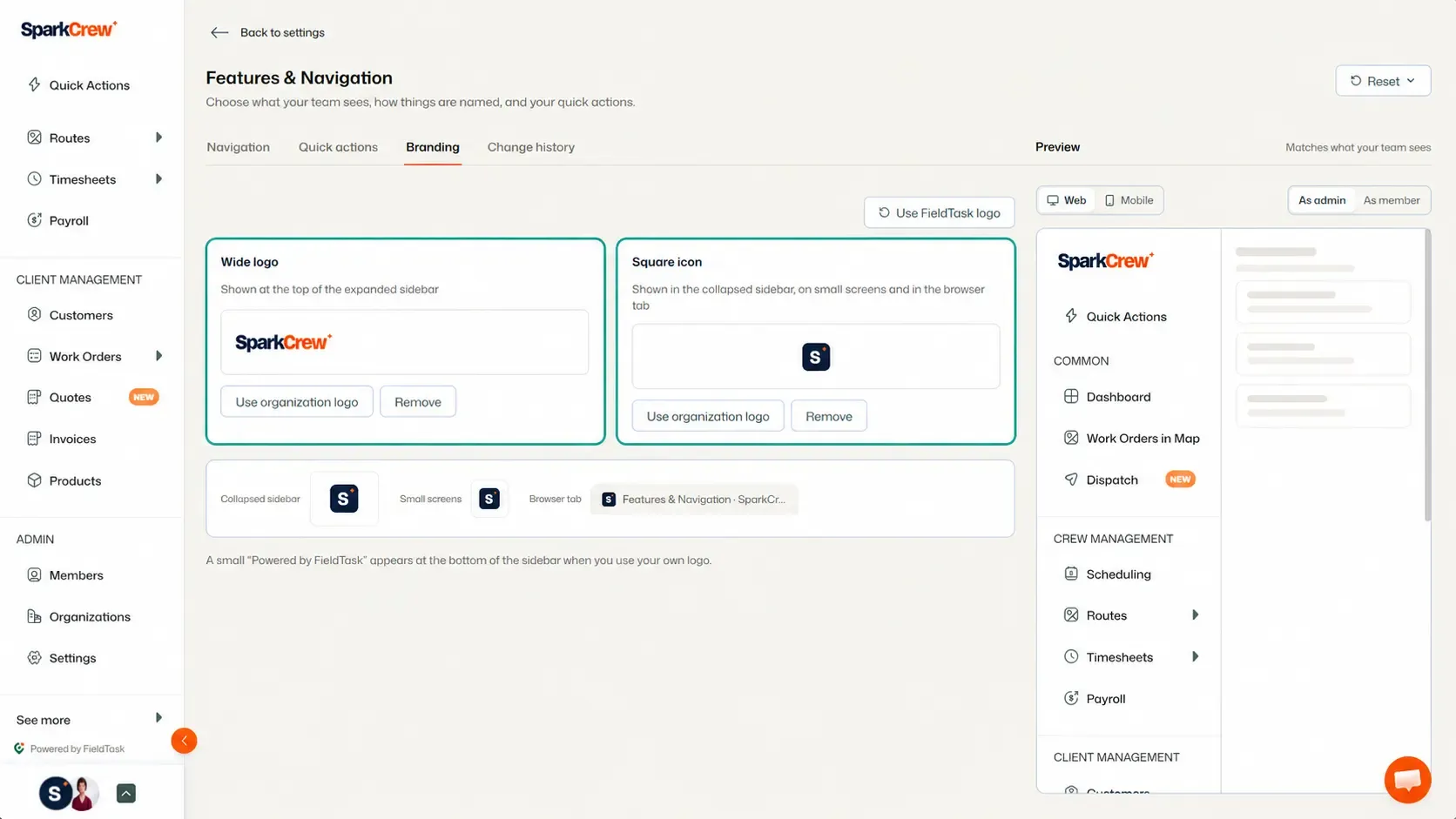Branding settings with wide logo and square icon options