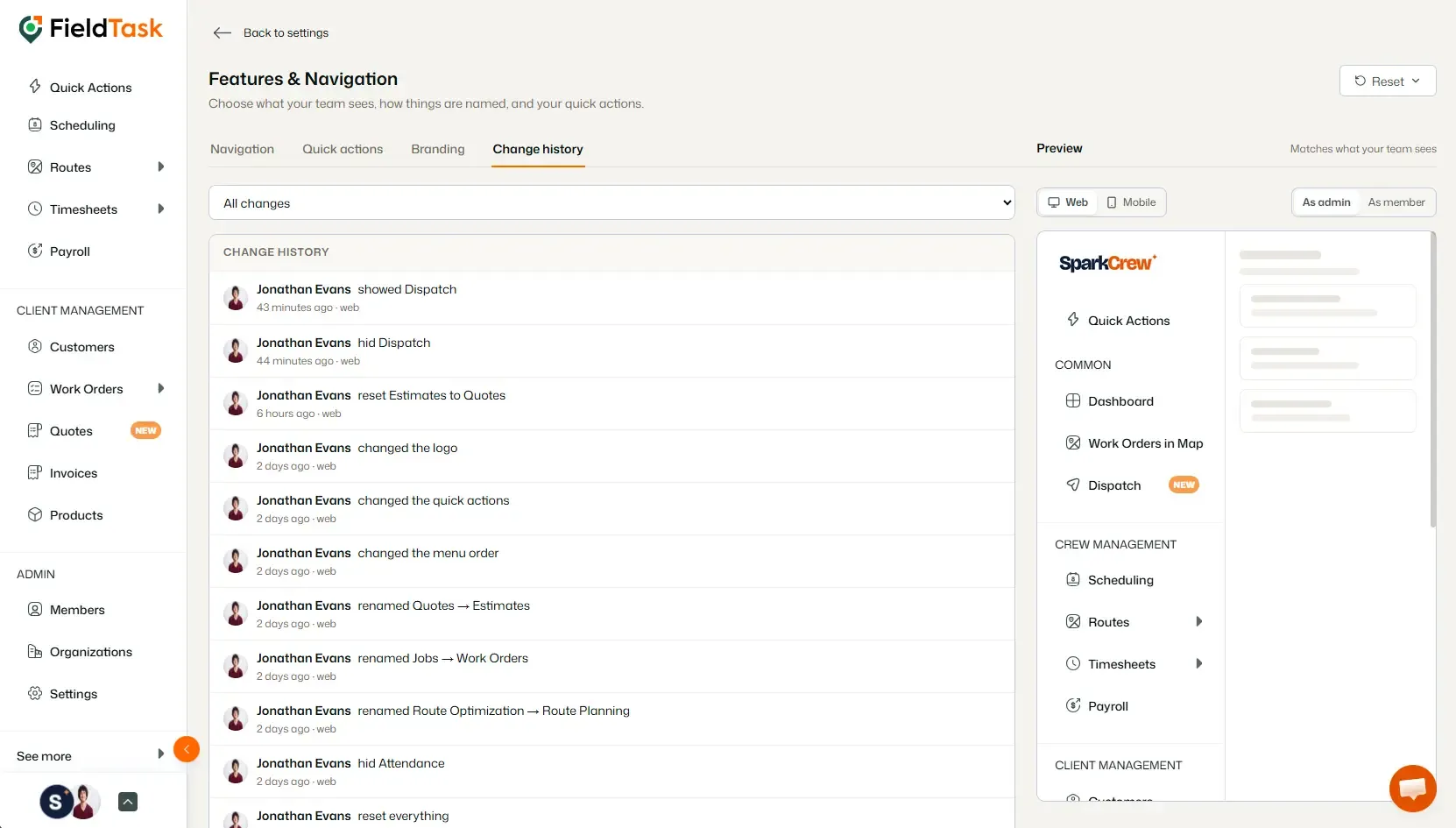 Change History showing recent navigation and branding changes