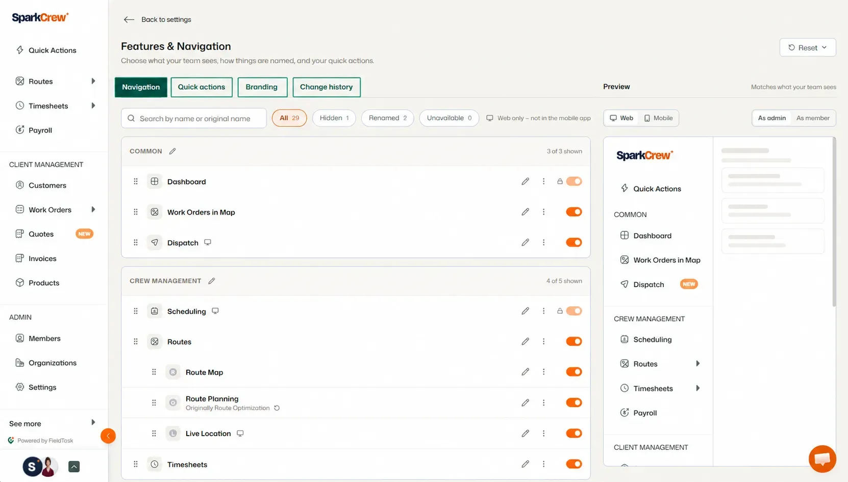 Features and Navigation settings page with navigation options