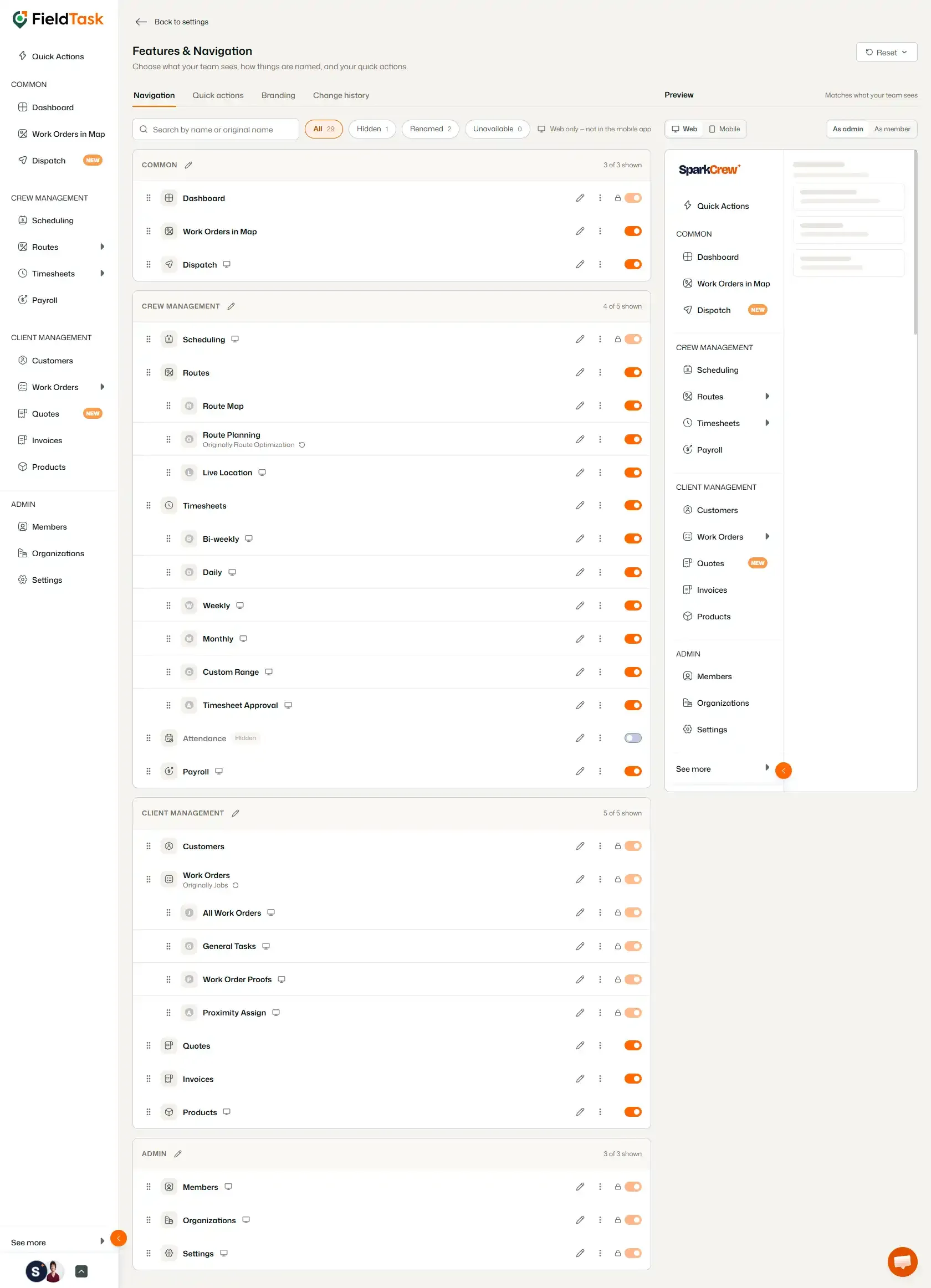 Navigation settings showing sidebar components and controls