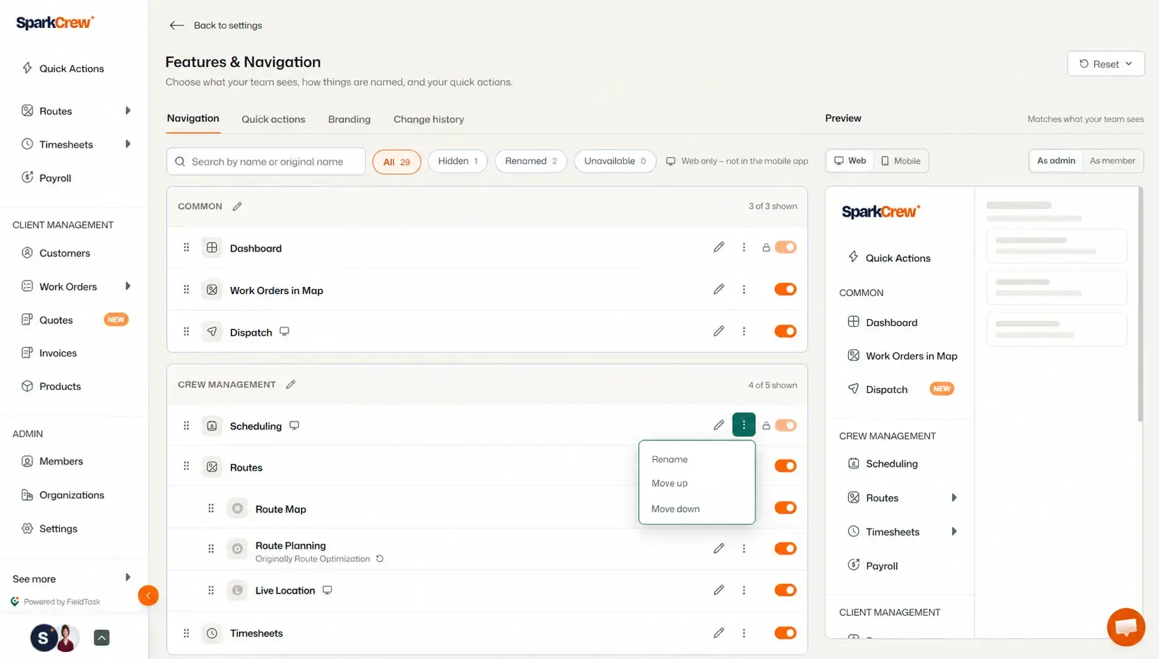 Navigation items with drag handles for rearranging components