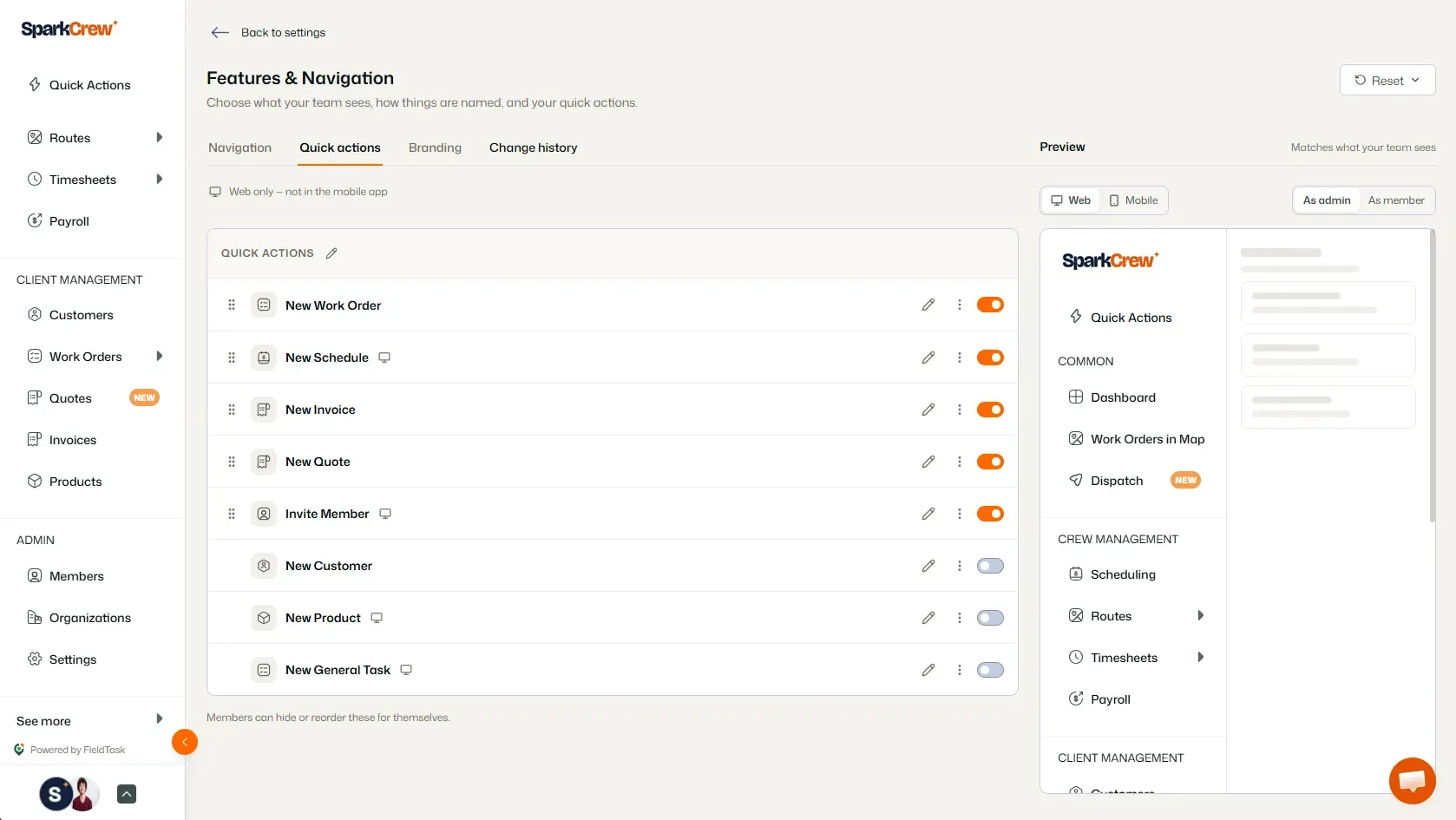 Quick Actions settings with enabled and disabled actions