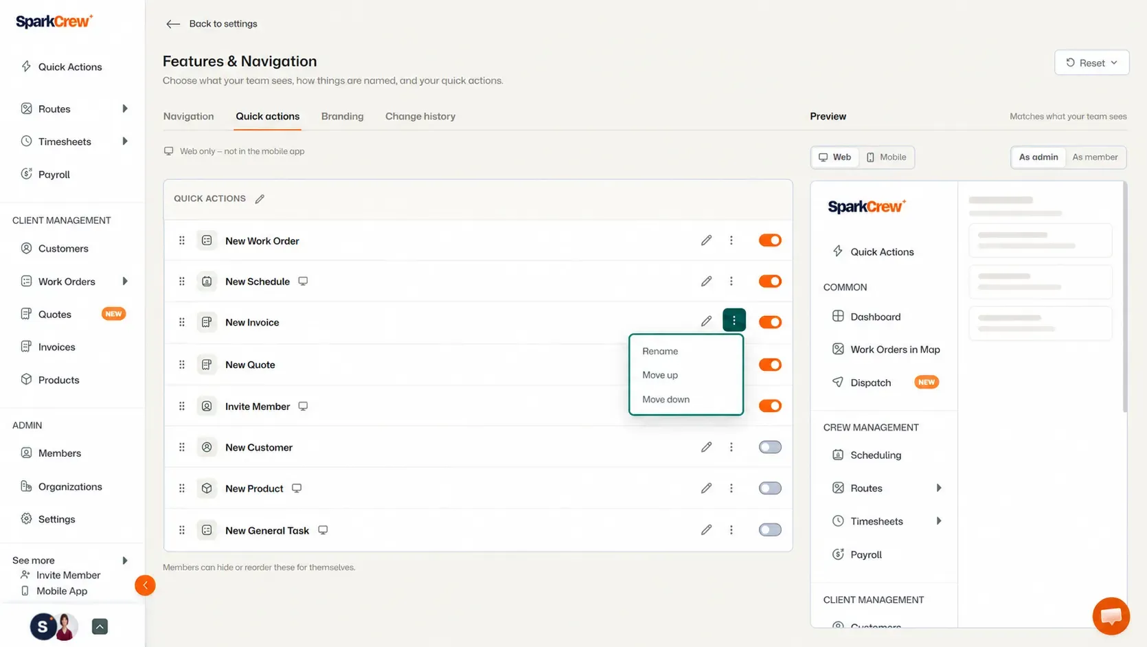 Quick Actions menu showing rename and reorder options