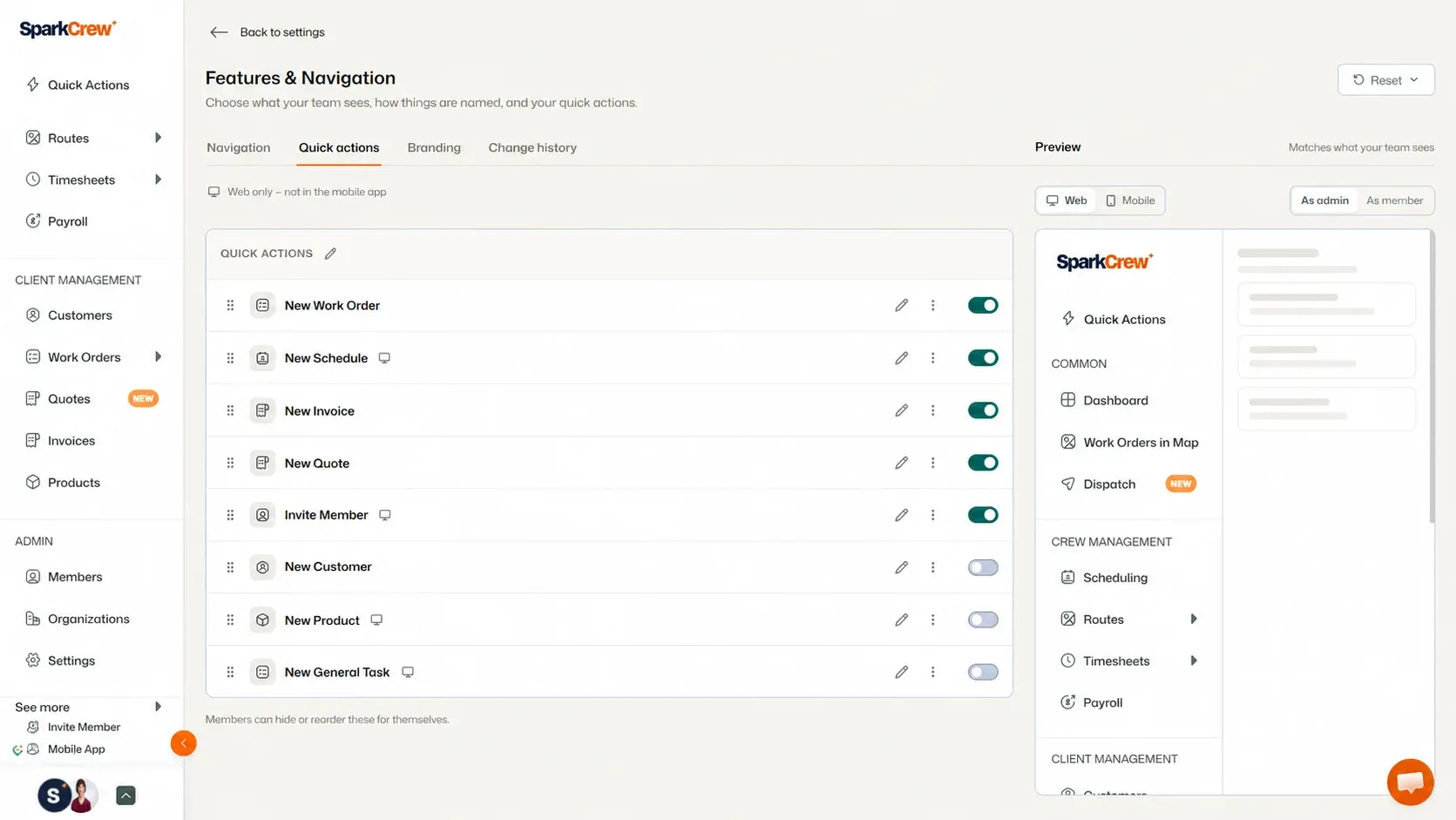 Quick Actions settings with teal enabled toggles