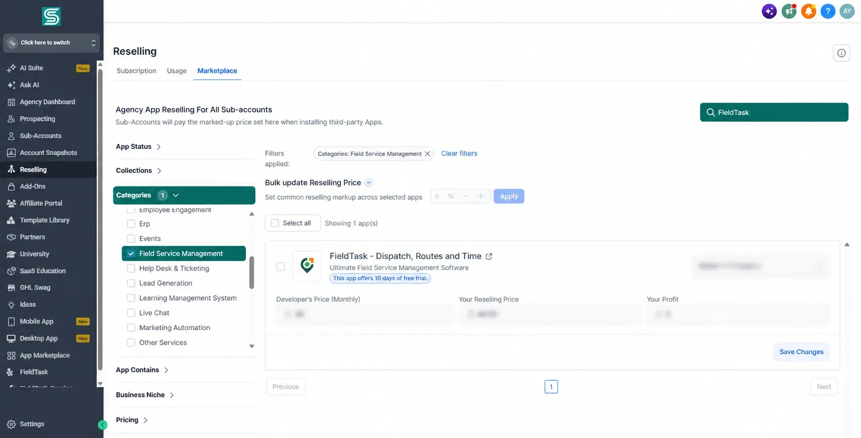 Marketplace page with highlighted Categories and Field Service Management options.