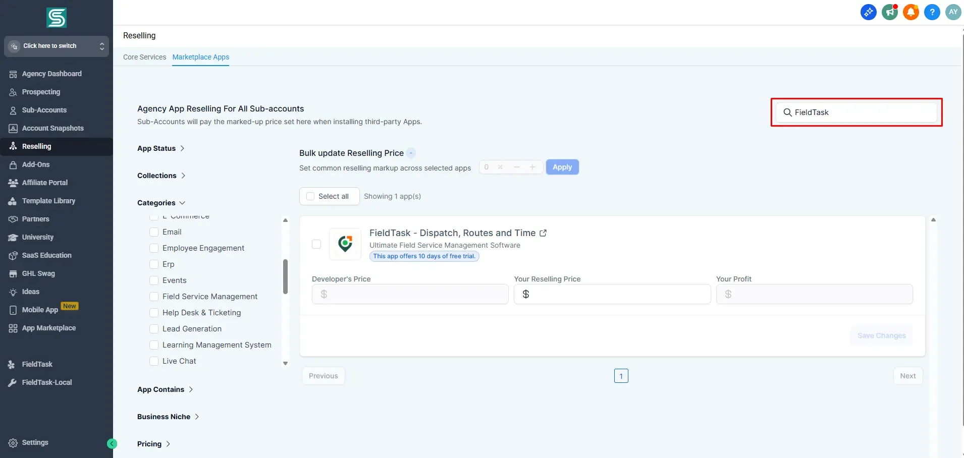 FieldTask on GoHighLevel Reseller Page