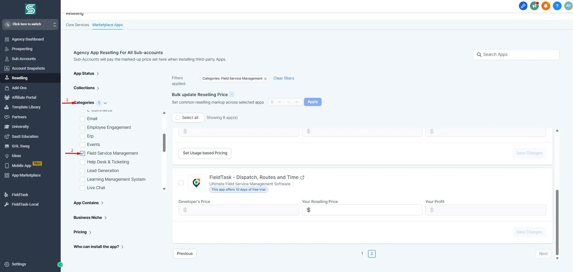 FieldTask on GoHighLevel Reseller Page