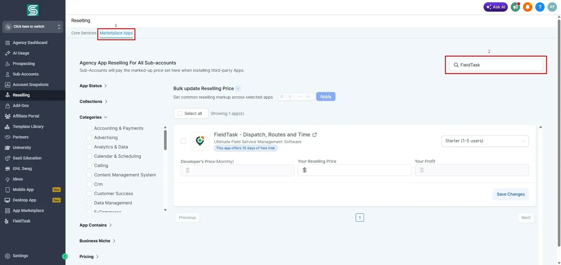 GoHighLevel Reselling page with Marketplace Apps open, showing Categories expanded and Field Service Management checked. The FieldTask app card appears with plan selector, pricing fields, profit field, and Save Changes button for reselling setup.