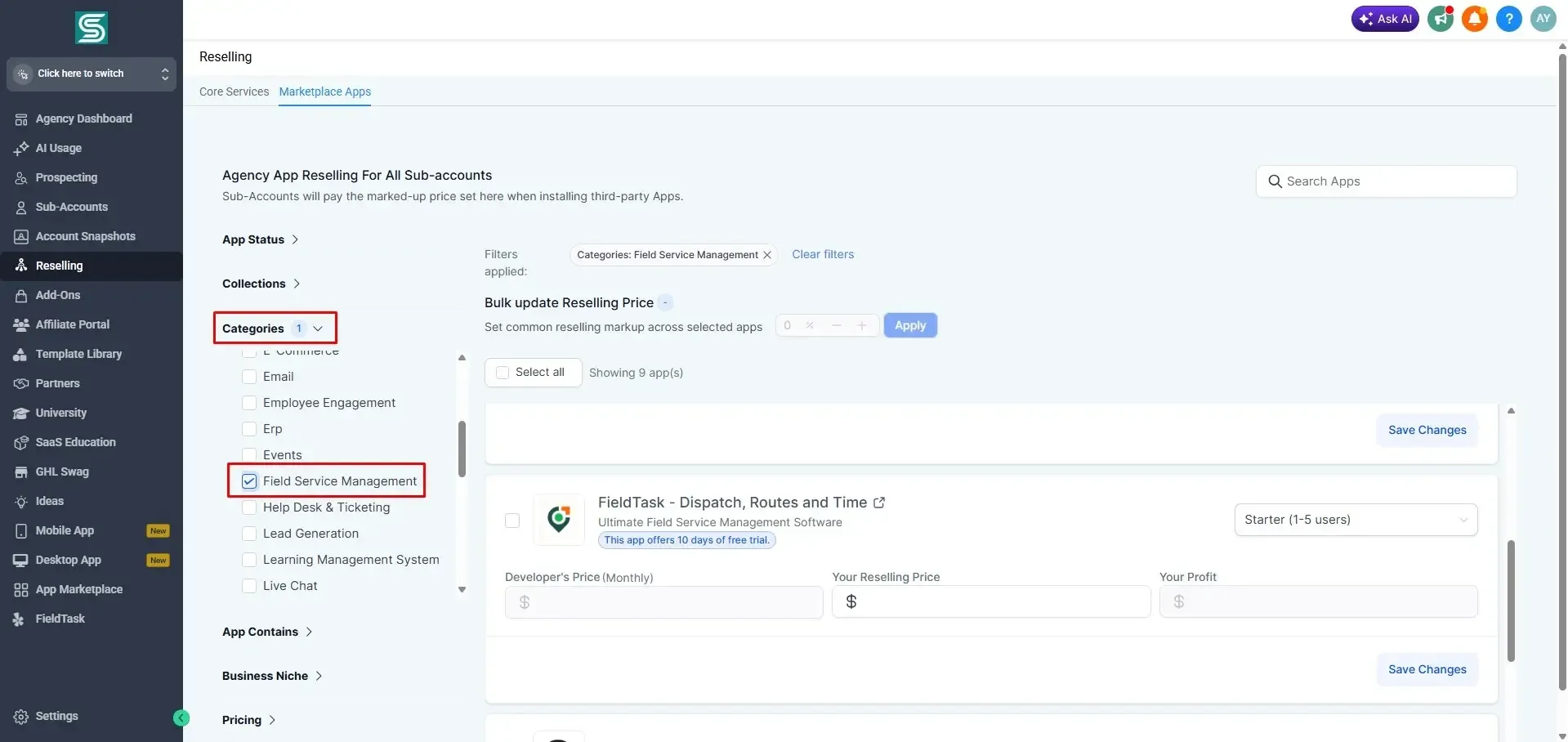 GoHighLevel Reselling page with Marketplace Apps open, showing Categories expanded and Field Service Management checked. The FieldTask app card appears with plan selector, pricing fields, profit field, and Save Changes button for reselling setup.