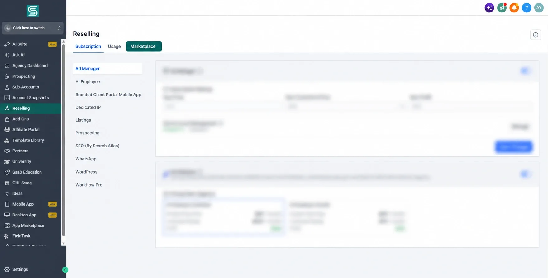 Reselling subscription page with blurred content and highlighted Marketplace tab.