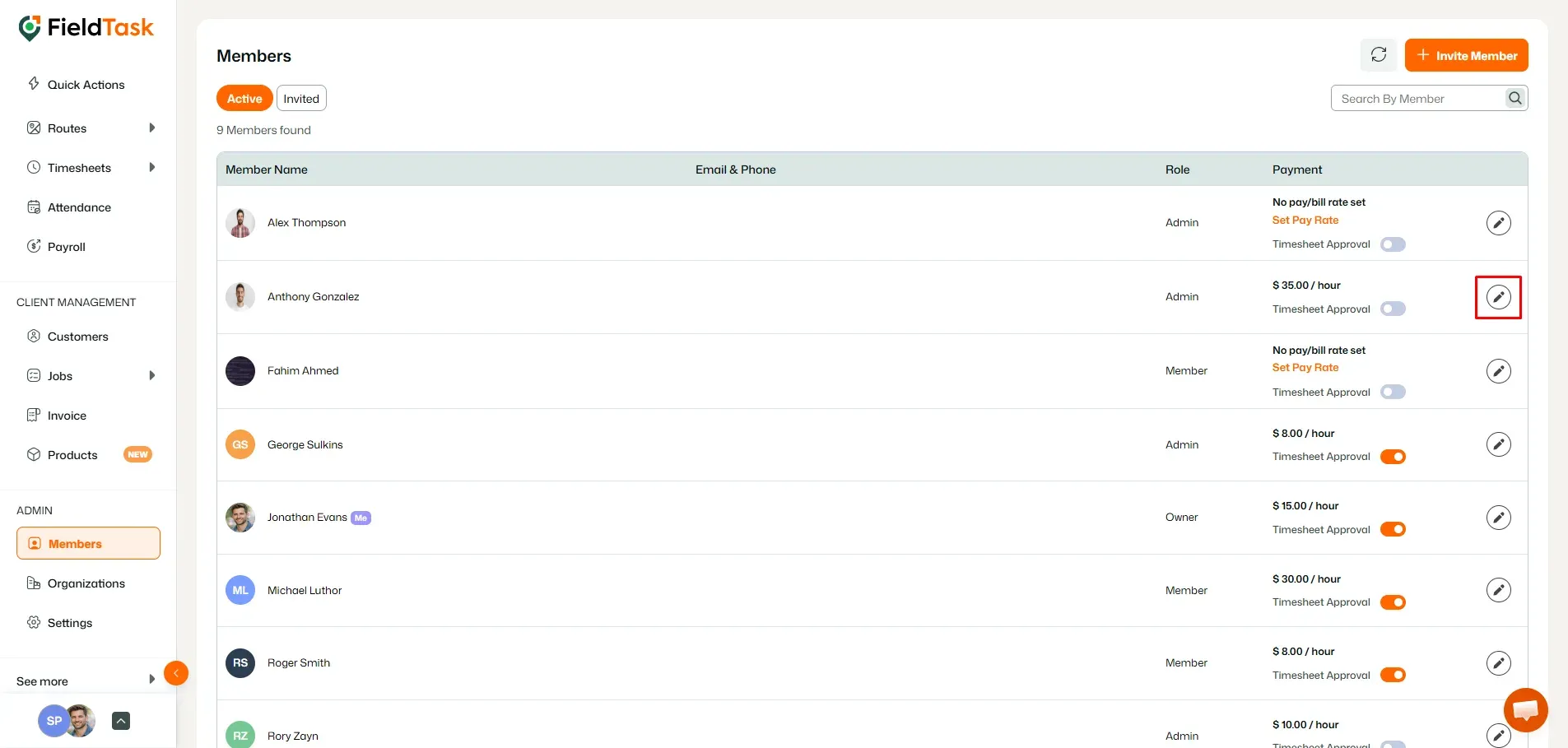 FieldTask Members page with member edit icon highlighted