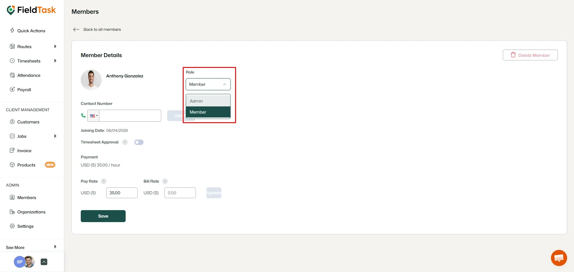 FieldTask member details with role dropdown highlighted