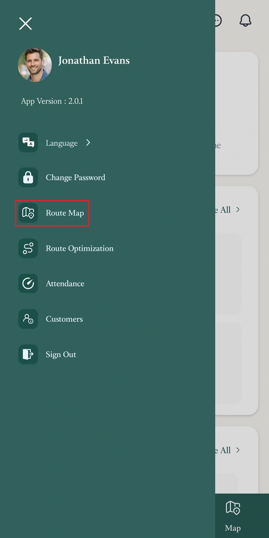 FieldTask Mobile App side menu with Route Map highlighted