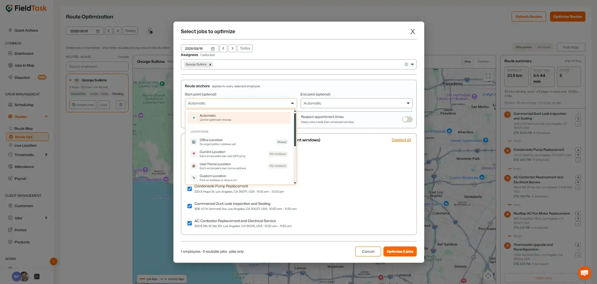 Route start point options open in optimization setup
