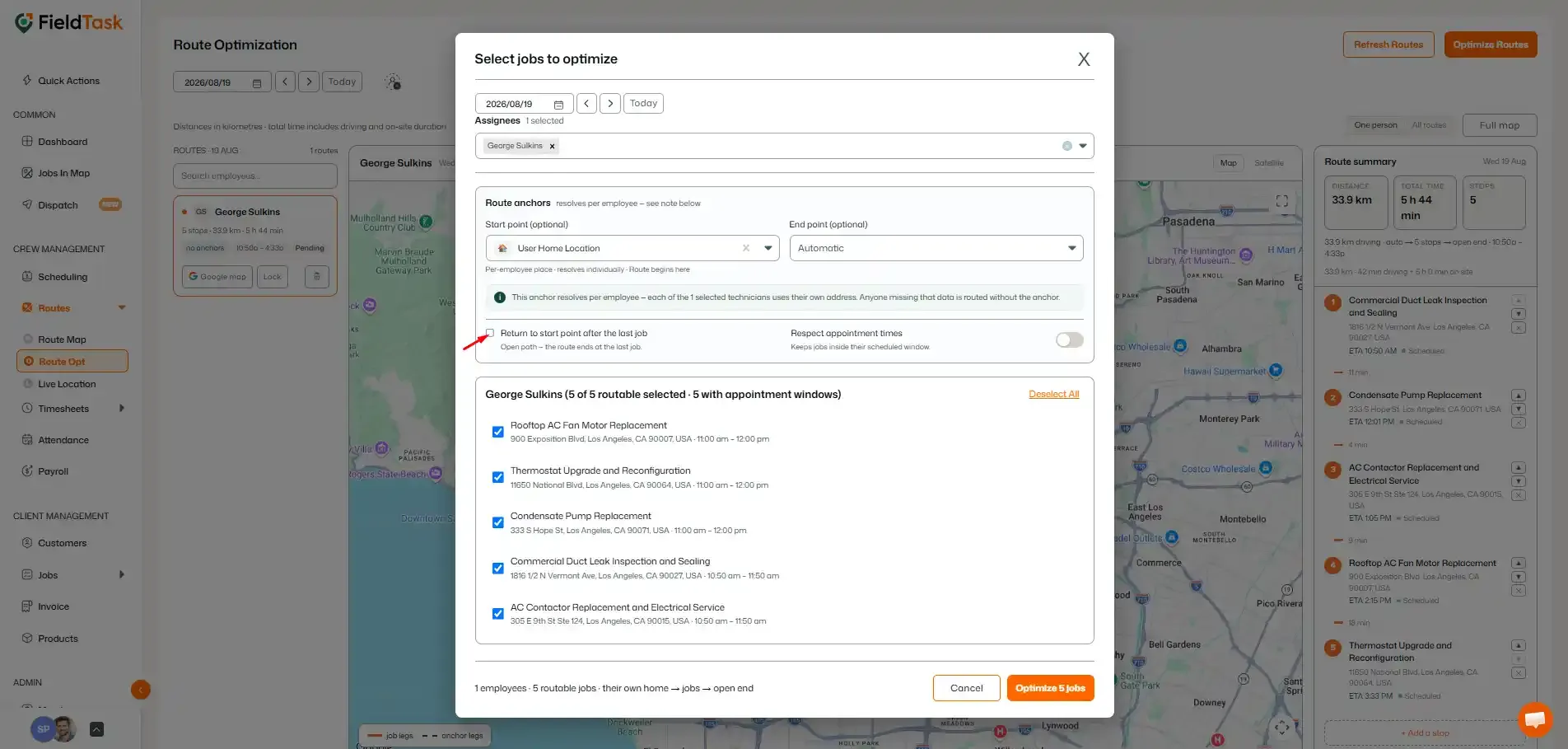 Return to start point option highlighted in route setup